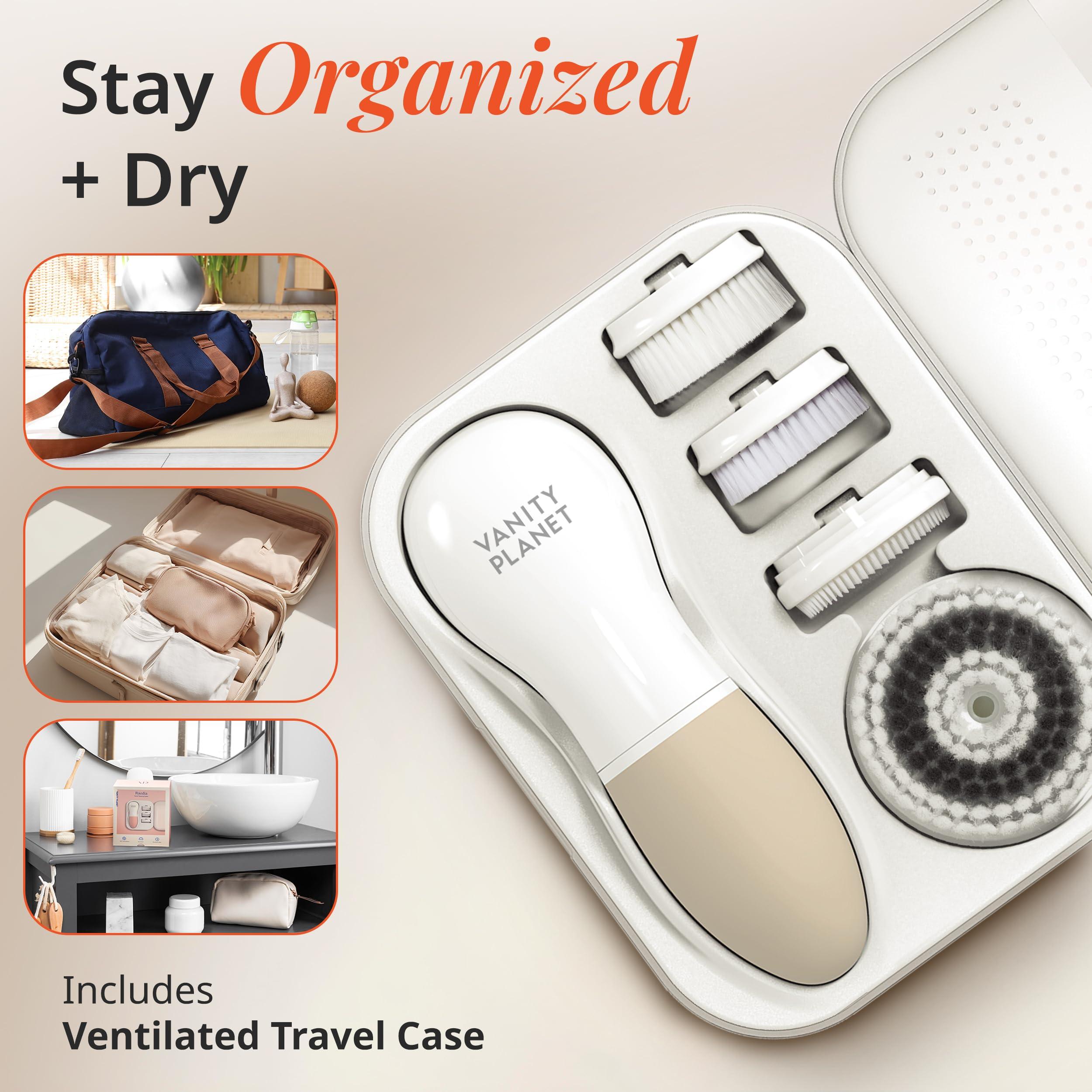 Vanity Planet Raedia Handheld Facial Cleansing Brush with 4 Interchangeable Brush Heads by Vanity Planet - Lightweight Daily Cleansing Brush for Glowing Skin - Water Resistant Face Exfoliator - Warm Grey