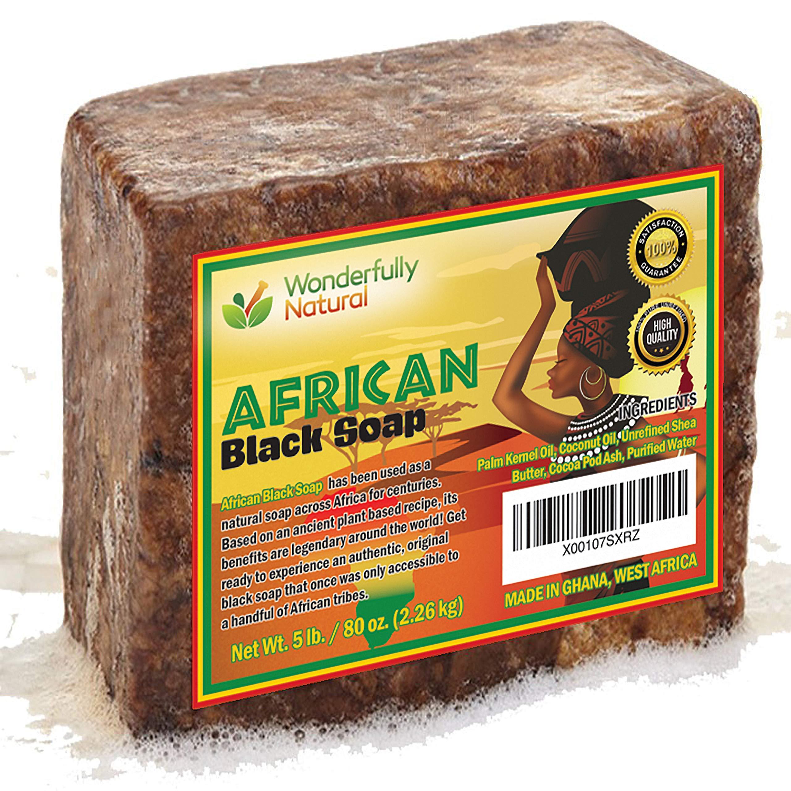 Wonderfully Natural Wonderfully Natural Organic African Black Soap - 5 Pound Best for Acne, Eczema, Dry Skin, Psoriasis, Scars, Dermatitis, White Heads Pimples, Face & Body Wash, Raw Handcrafted Beauty Scrub Bar