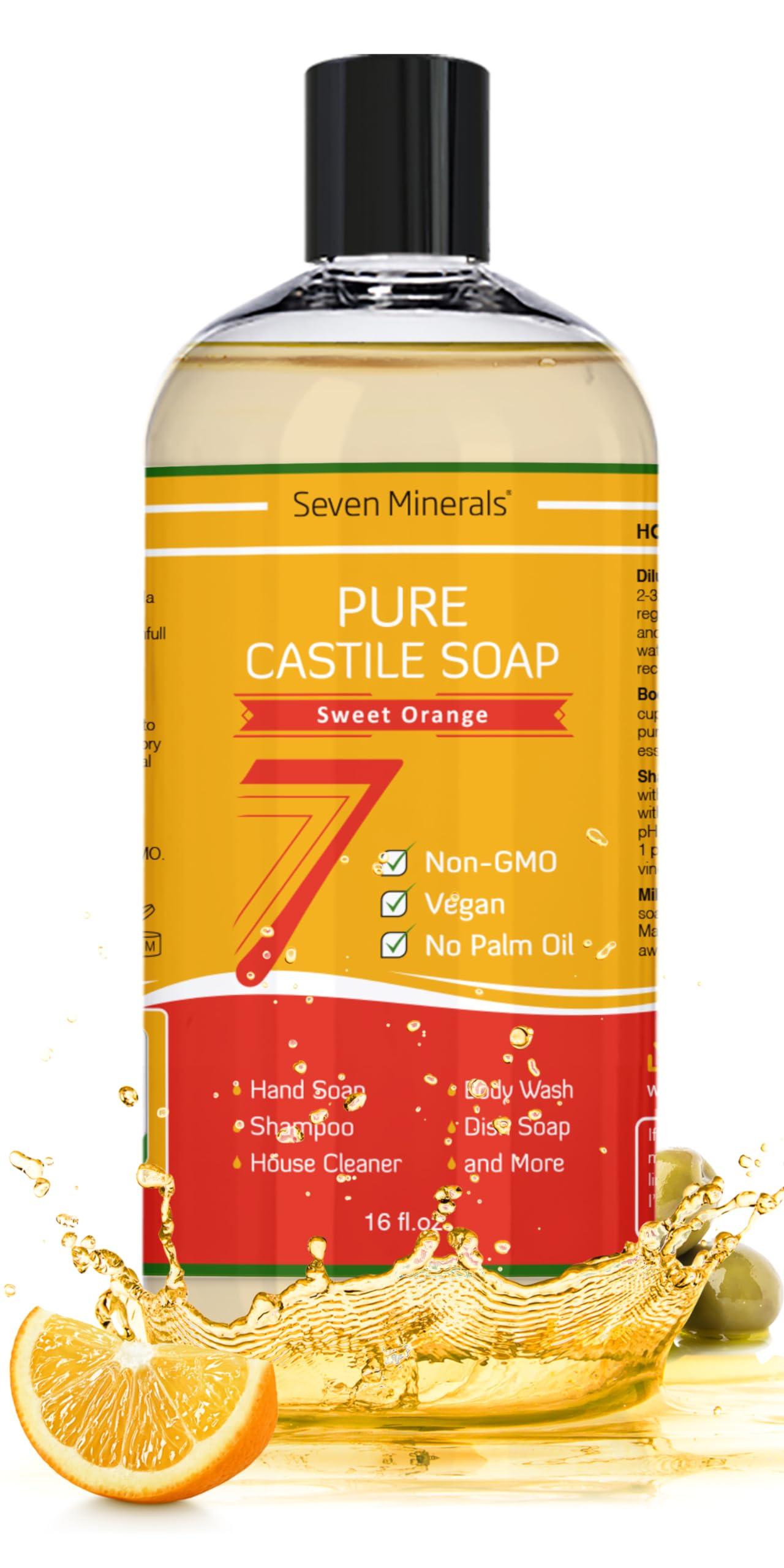 Seven Minerals Pure Castile Soap, Sweet Orange - No Palm Oil, GMO-Free - Gentle Liquid Soap For Sensitive Skin & Baby Wash - All Natural Vegan Formula with Organic Carrier Oils