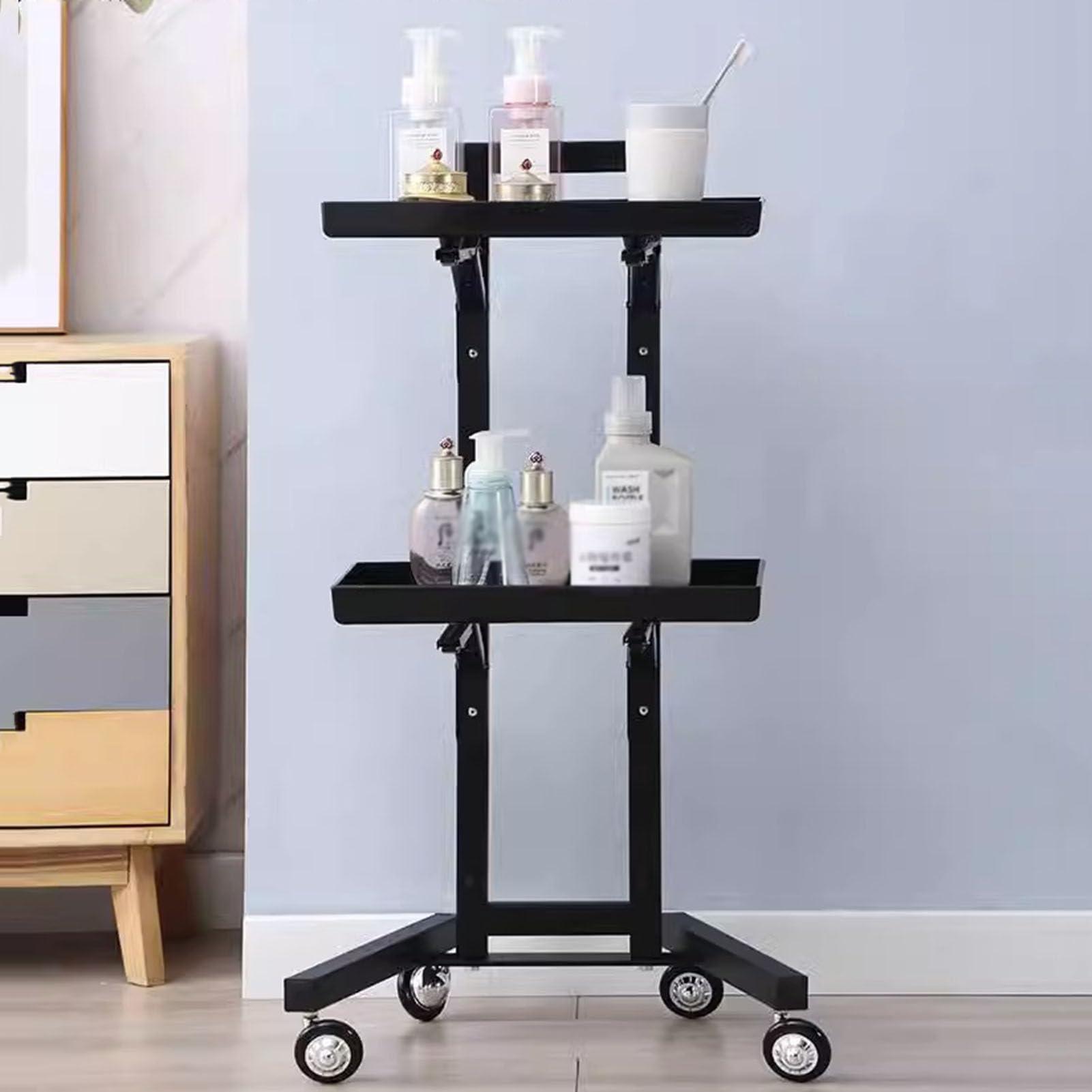 RIYIFANRONG Salon Barber Shop Trolley with Wheels, Professional Stainless Steel Metal Beauty Hair Salon Instrument Tray Rolling Cart Tattoo Tray, with Collapsible Metal Trays, Multipurpose Tool Cart