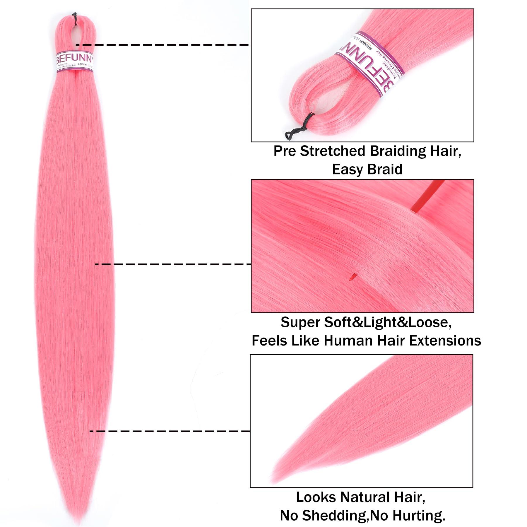 BEFUNNY Pink Braiding Hair,24 Inch 3 Packs Pre Stretched Braiding Hair,Ombre Prestretched Hair For Black Women Human Hair,Professional Itch Free Yaki Synthetic Hair Extension(24inch,pink,3pcs)