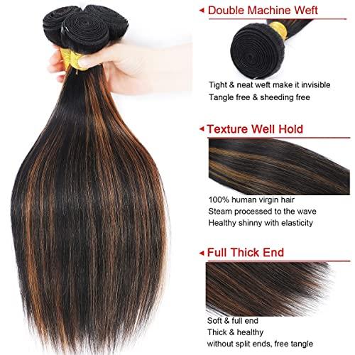haha Haha Ombre Straight Bundles Human Hair Brown Highlight Human Hair 3 Bundles Brazilian Remy Virgin Hair Sew In Bundles For Women Black Brown Piano Color Hair Weave Extensions 16 18 20 Inch FB30