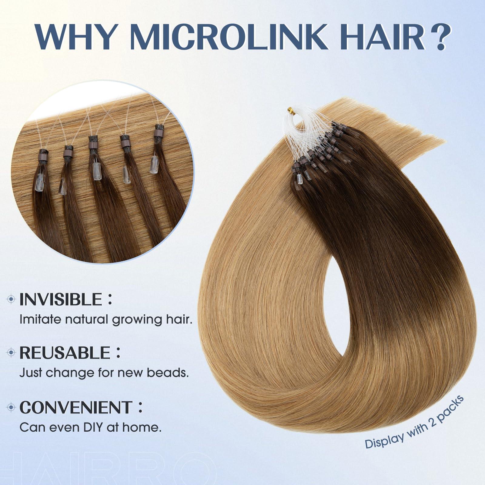 Hairro Hairro Microlink Human Hair Extensions Micro Loop Remy Hair For Women Micro Bead In Hair Invisible Pre Bonded Cold Fusion Loop Hair 22 Inch 50g 50 Strands #4T27 Medium Brown to Dark Blonde