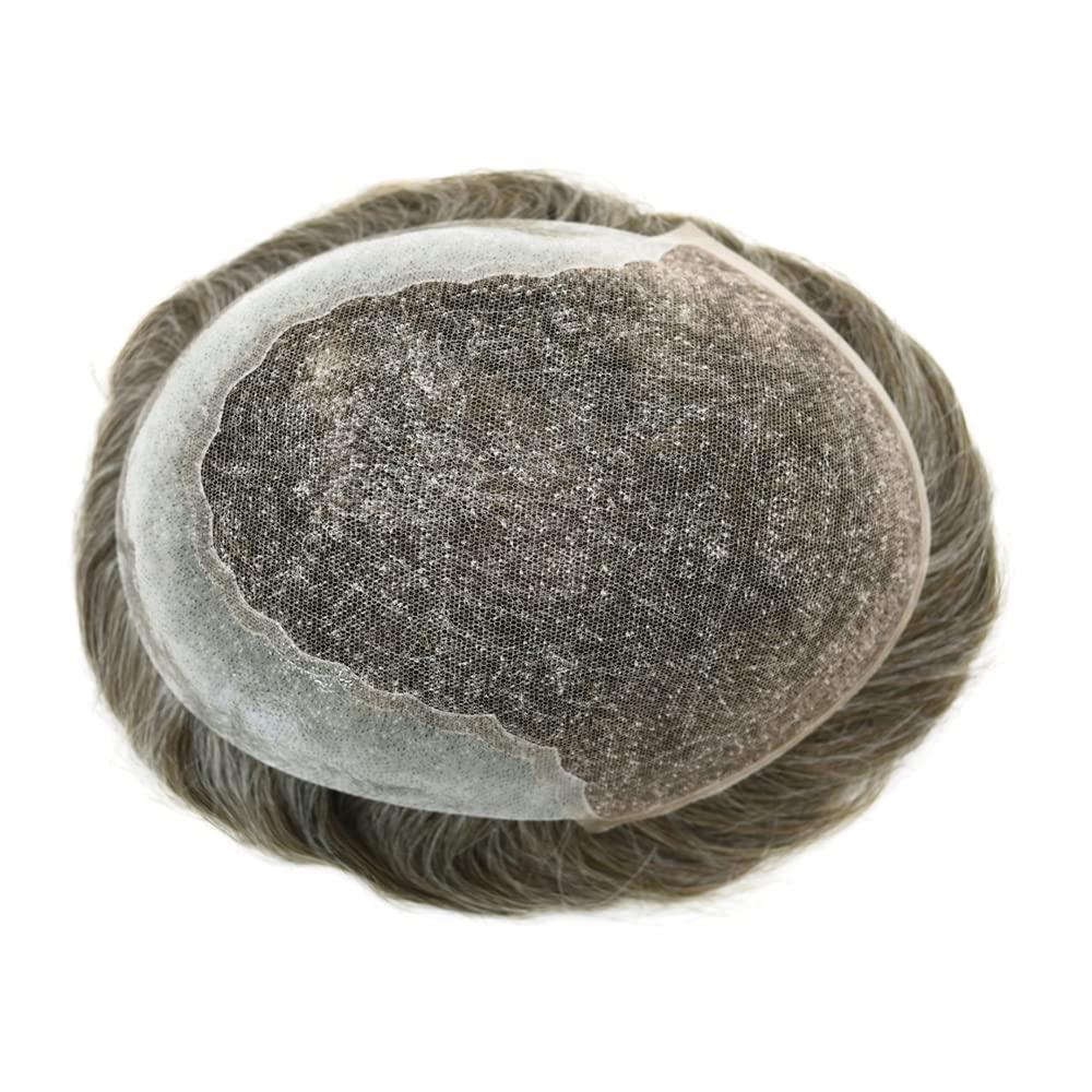 Generic Lace Hair System For Mens Human Hair System Mens Toupee Hair Piece Bleached Knots Natural Hairline Mens Hair Piece Men Toupee (7\'\'X9\'\'-100% density, #560#5 MEDIUM LIGHT BROWN+60% GREY)