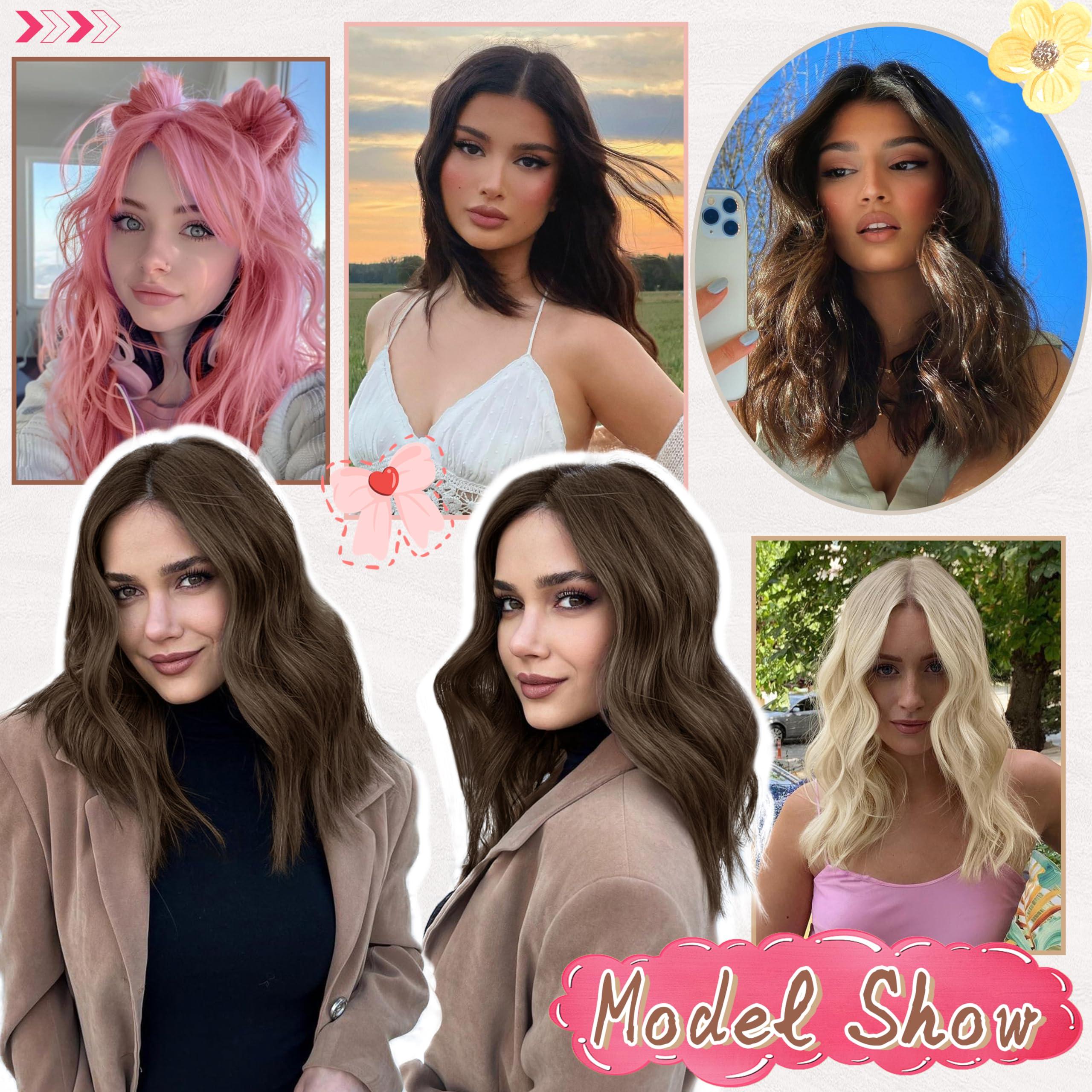 BUPPLER BUPPLER Pink Wig 18 Inch Medium Length Wigs for Women Middle Part Synthetic Hair Wavy Wig with Upgraded Strands,Natural Hair Wig for Daily Party/Halloween Use 18Inch,Pink