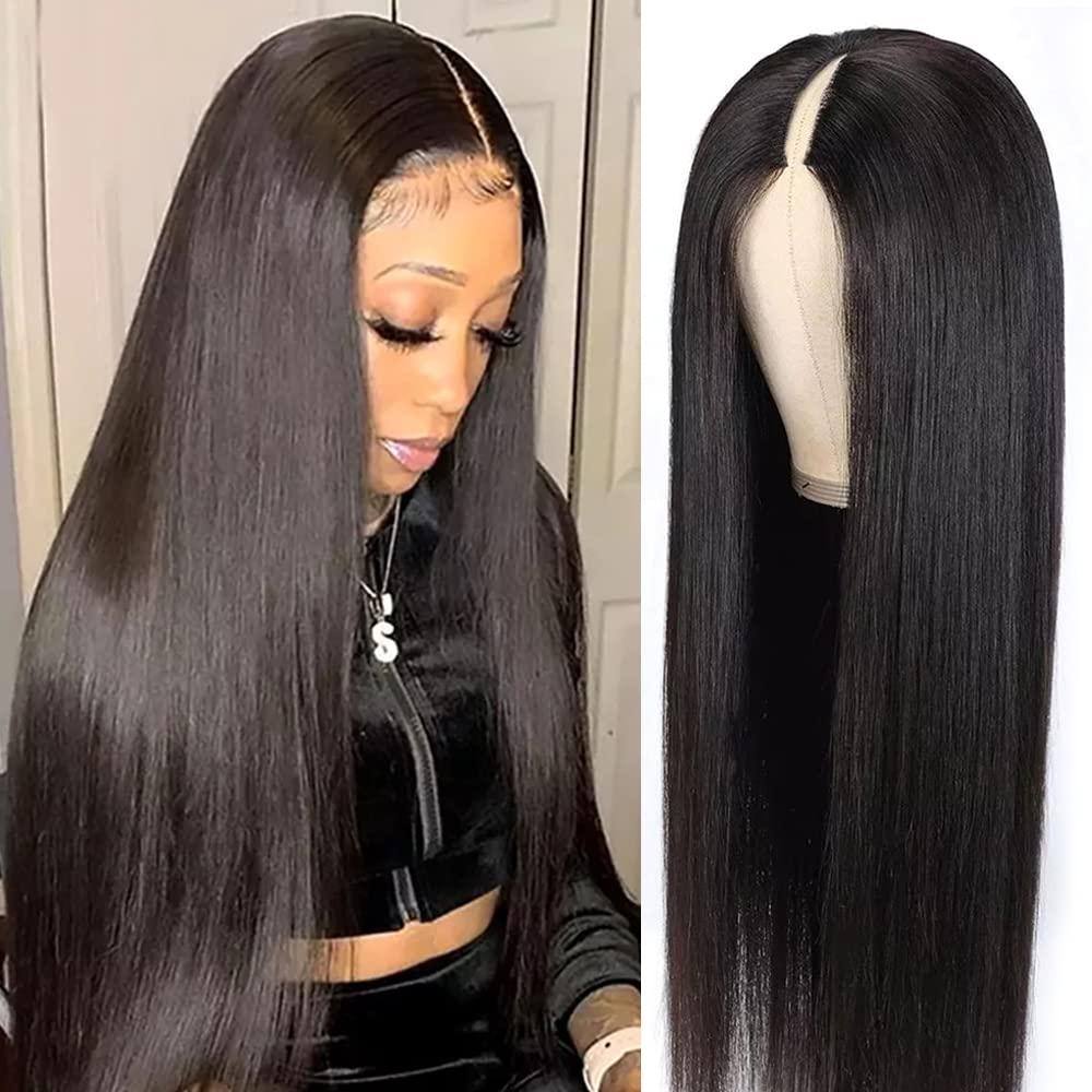 Pobokix Pobokix Straight V Part Wigs Human Hair Upgrade U Part Human Hair Wigs for Women Glueless Full Head Clip In Half Wigs 180% Density Natural Color (18inch, V Part Straight Wig)