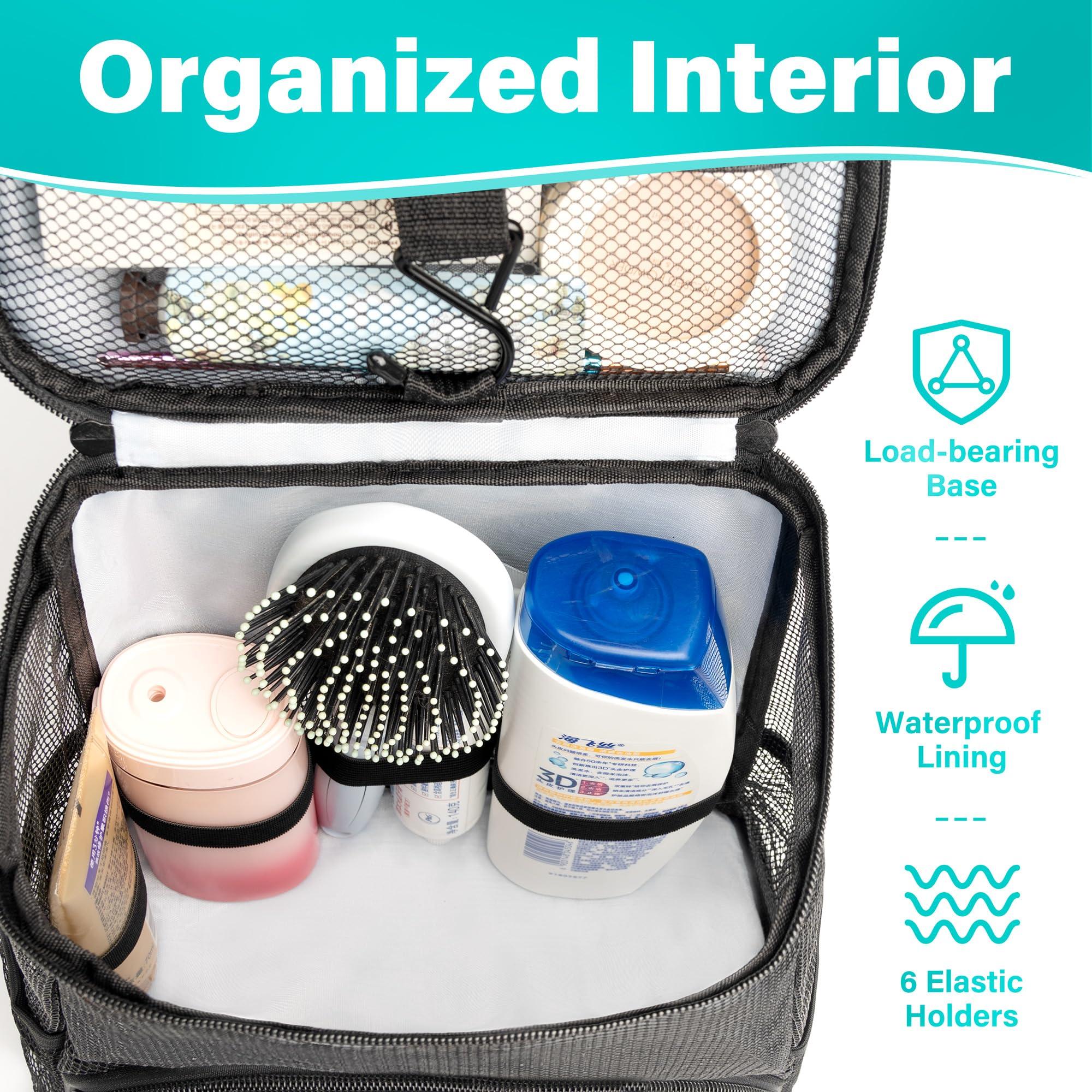 Hiverst Hiverst Hanging Toiletry Bag, Shower Caddy Tote Bag (Updated Version, Full Size Bottle Compatible), Bath Organizer for College Dorms, Gym, Camp, Women Men, with Funny Luggage Tag