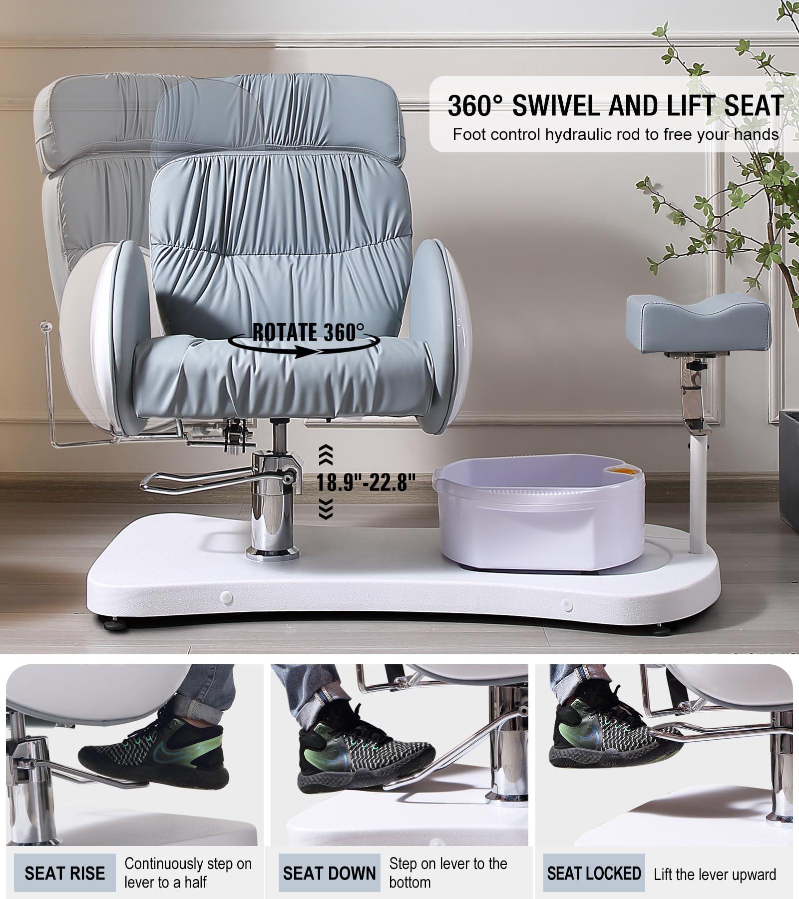 OKAKOPA OKAKOPA Pedicure Chair No Plumbing for Nail Tech, 360 Swivel Reclining Pedicure Unit w/Bowl and Footrest, Hydraulically Adjustable Height Spa Pedicure Chair Station for Foot Spa, Grey