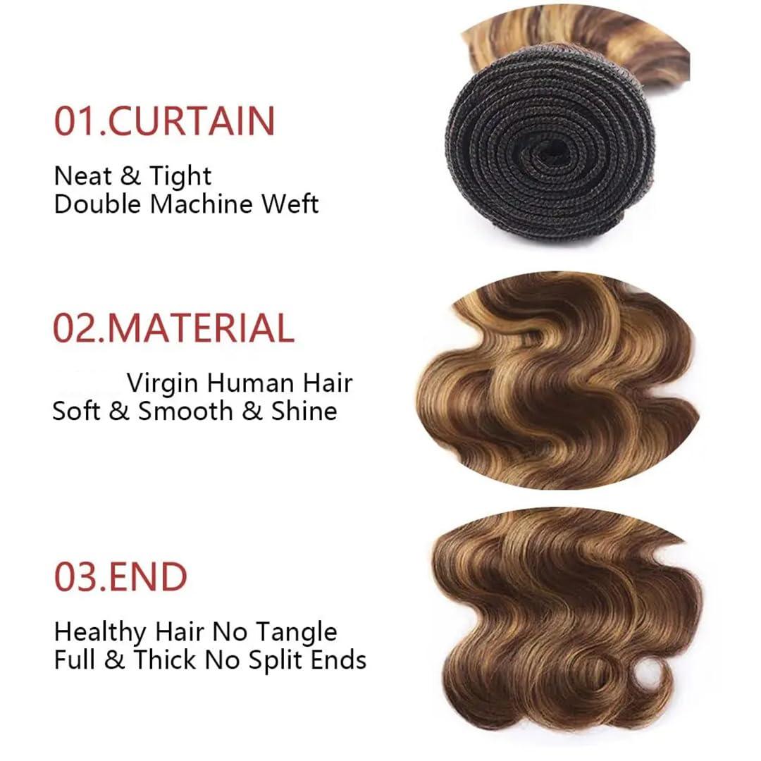 Wjnvfioo Bundles Frontal Body Wave Bundle Lace Frontal Closure Natural Brazilian Human Hair P4-27 18 20 22 Closure 16#13\" x 4\"#Remy Hair