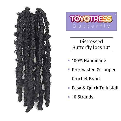 ToyoTress Toyotress Butterfly Locs Crochet Hair - 10 inch 7Pcs Natural Black Pre-twisted Distressed Crochet Braids, Short Bob Faux Locs Pre-looped Synthetic Braiding Hair Extensions (10 Inch, 1B-7P)