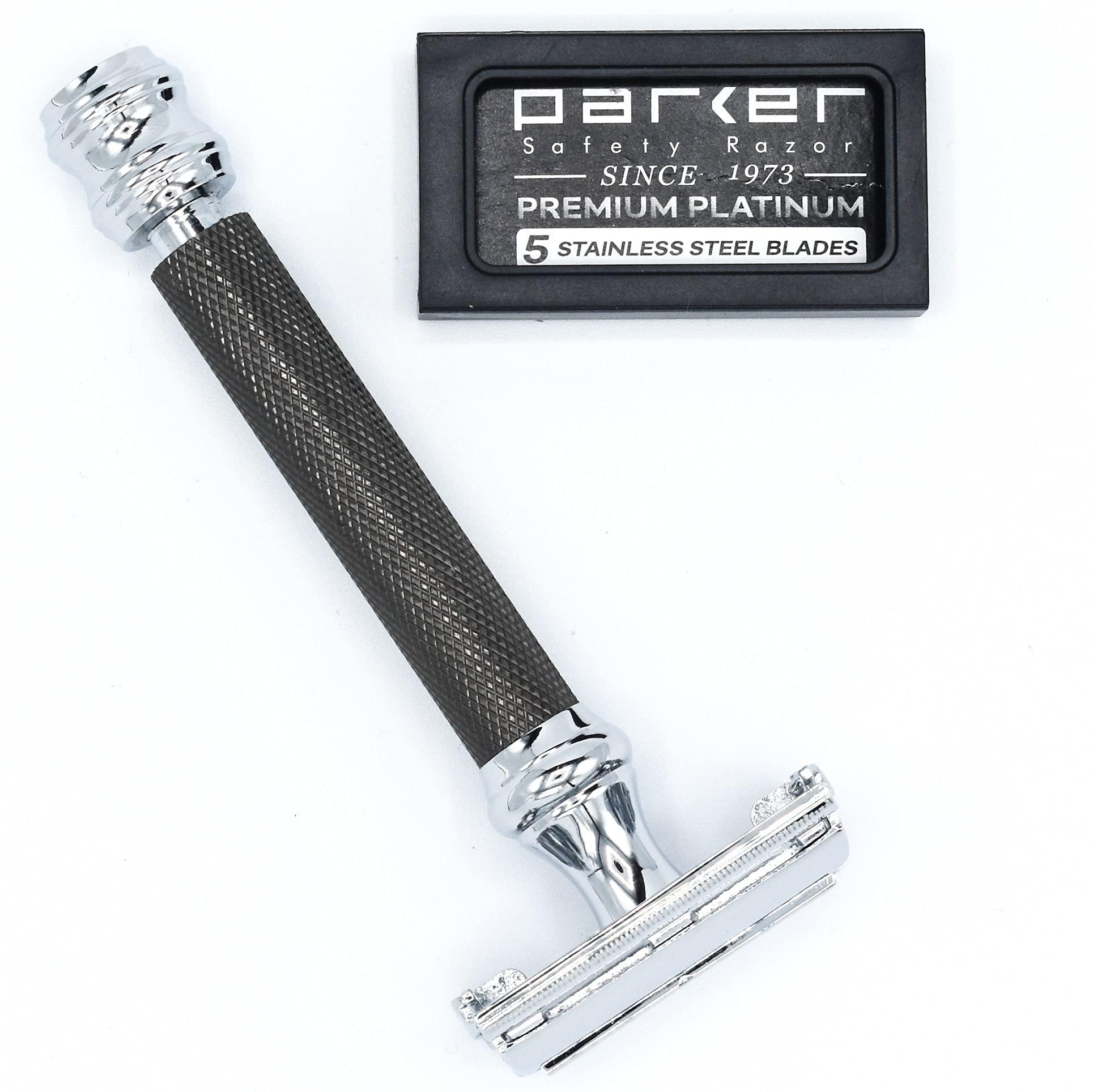 Parker Safety Razor Parker 76R Graphite Gray Long Handle Heavyweight Butterfly Open Double Edge Safety Razor for Men, 5 Parker Platinum Blades