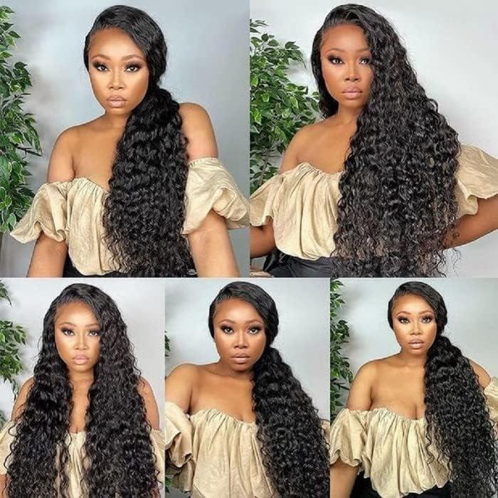 FKFO 13x6 HD Transparent Lace Front Human Hair Wigs For Black Women Mongolian Deep Curly Lace Front Wig Human Hair Pre Plucked Deep Wave Frontal wig Full And Thick (28 Inch, 13x6 Lace Front Wig Human Hair)