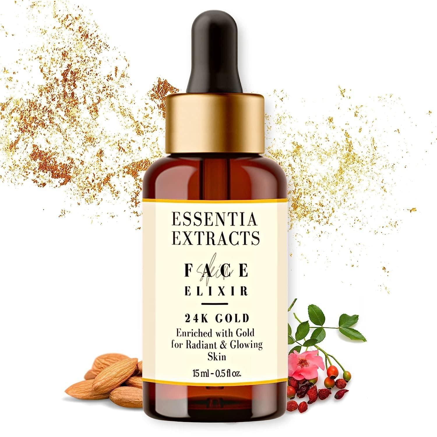 SENTA SENTA ESSENTIA EXTRACTS 24K Gold Face Serum with Vitamin C, Pumpkin Seed Oil, Almond Oil, Rosehip Oil, Orange Extracts, 24K Gold | Hydrates, Primes and Gives Luminous Glowing Skin 15ML Bottle