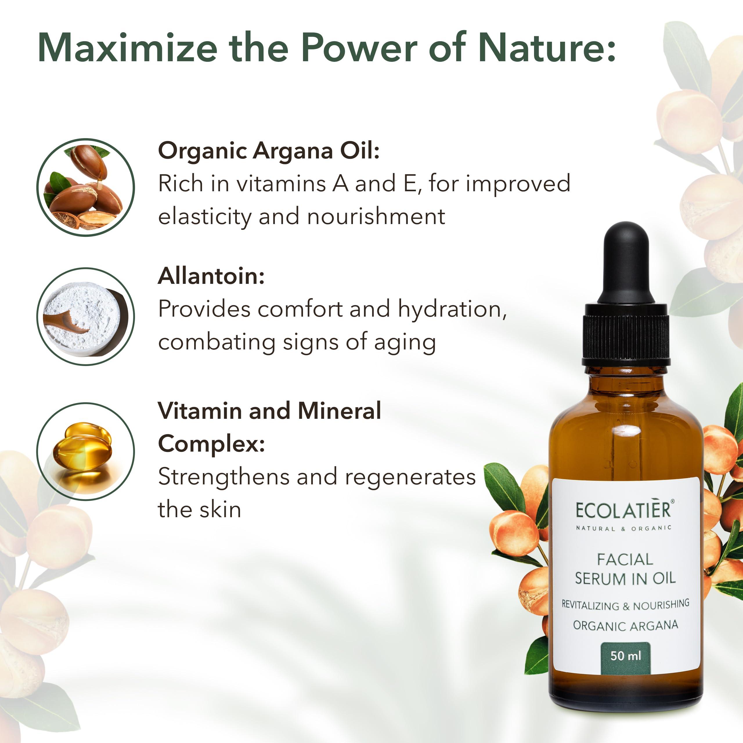 ECOLATIR Face Serum with Organic Argan Oil 98.4% Natural, Hydrating Anti-Aging Facial Serum, Revitalizing & Nourishing, Improves Skin Elasticity, 1.7 Fl Oz - ECOLATIER