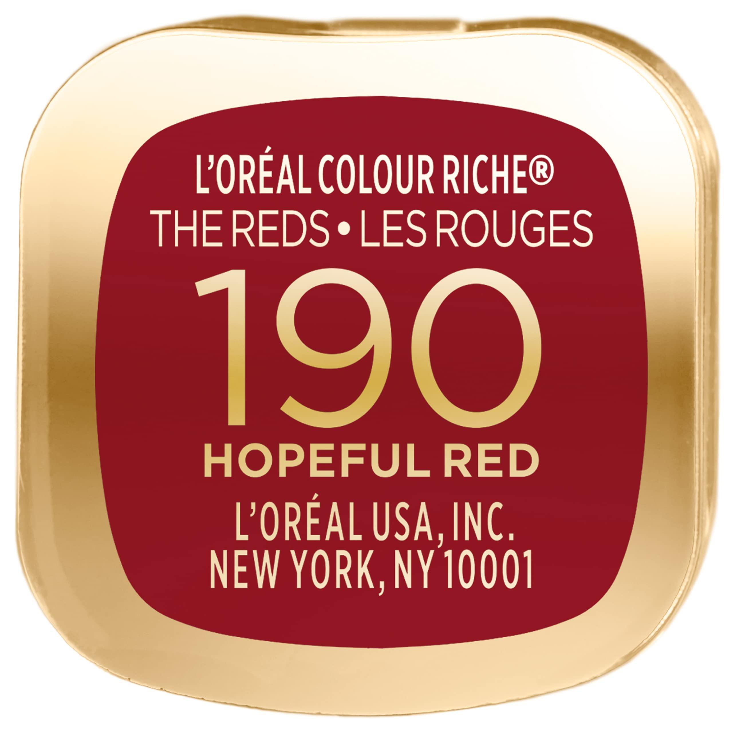 LOral Paris L'Oreal Paris Colour Riche Red Lipstick, Long Lasting, Satin Finish Smudge Proof Lipstick with Hydrating Argan Oil & Vitamin E, Reds of Worth, Hopeful Red, 0.13 Oz