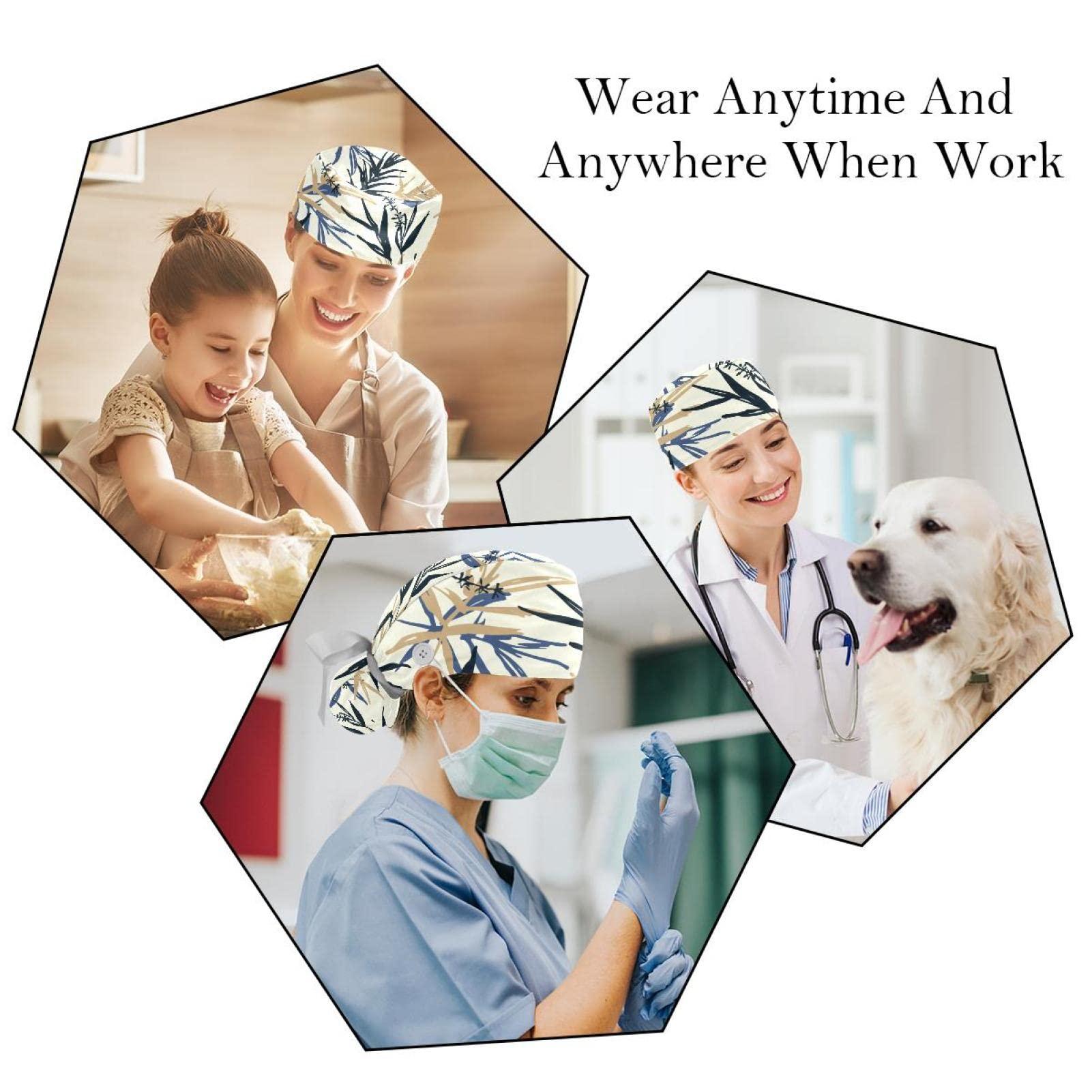 Lyetny Blue and Beige Bamboo Leaves and Flower Oriental Scrub Caps Hats Women Bouffant Working Hat Ponytail Holder for Women Long Hair Covers 2PCS