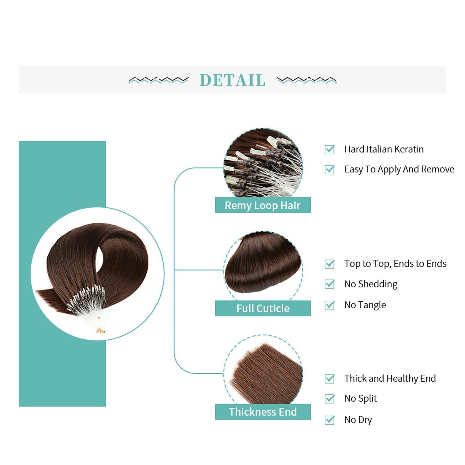 RIBONI Dark Brown Microlink Hair Extensions Micro Beads Hair Extensions Human Hair Micro Link Human Hair Extensions Straight Hair 100strands 20Inch