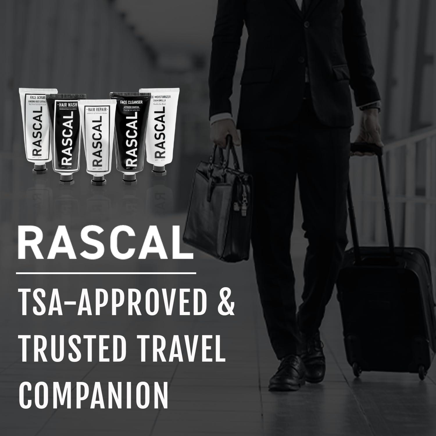 Rascal Men\'s Grooming Rascal World Traveler Toiletry Set - Premium Men\'s Grooming & Travel Size Toiletries, Travel Toiletry Kit, TSA-Approved, Includes Face Cleanser, Scrub, Moisturizer, Shampoo, Conditioner - 1.7 Oz Each