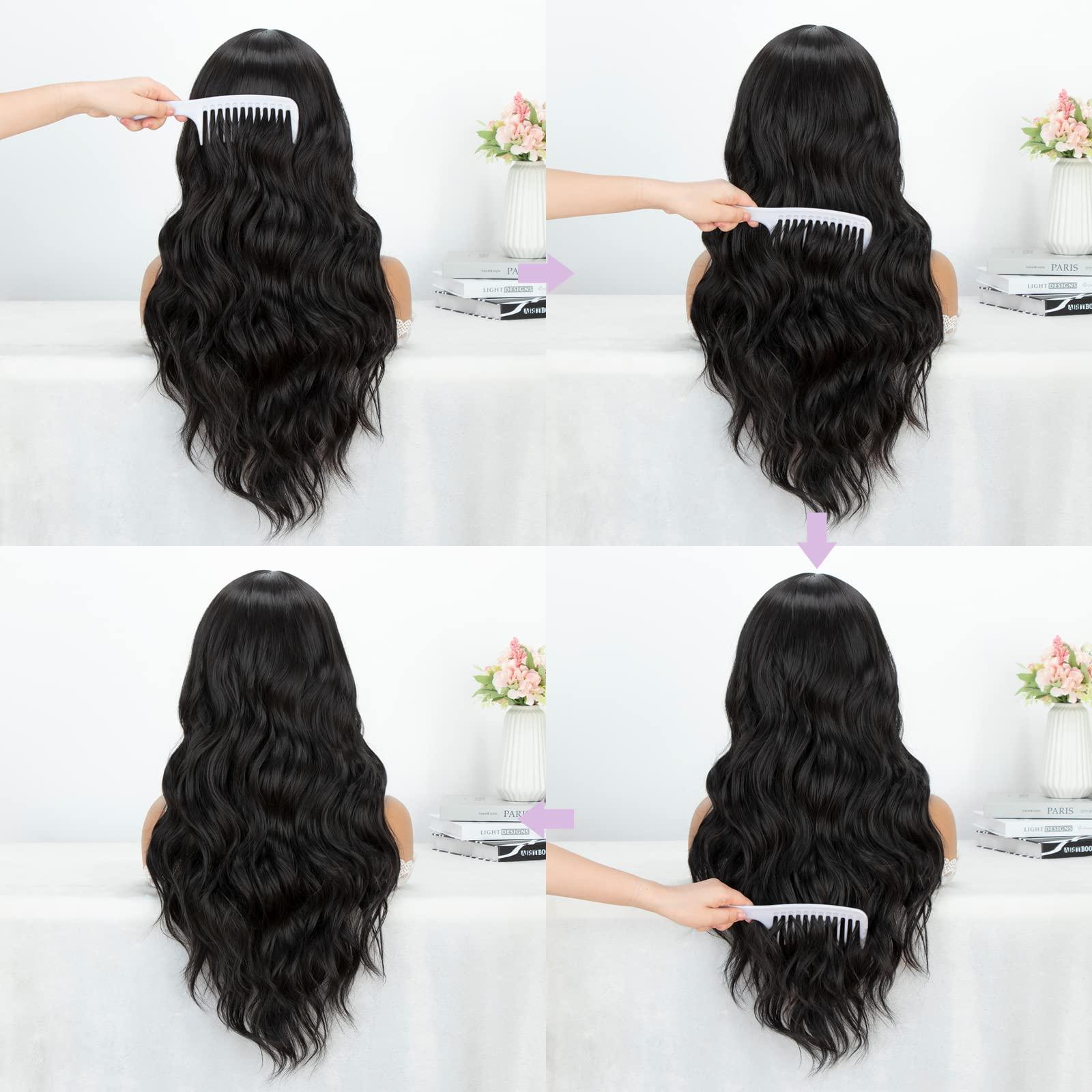 K'ryssma K'ryssma Black Synthetic Lace Front Wig Body Wave 180% Density Glueless Long Black Wig for Black Women T Part Black Wavy Synthetic Wig with Natural Hairline