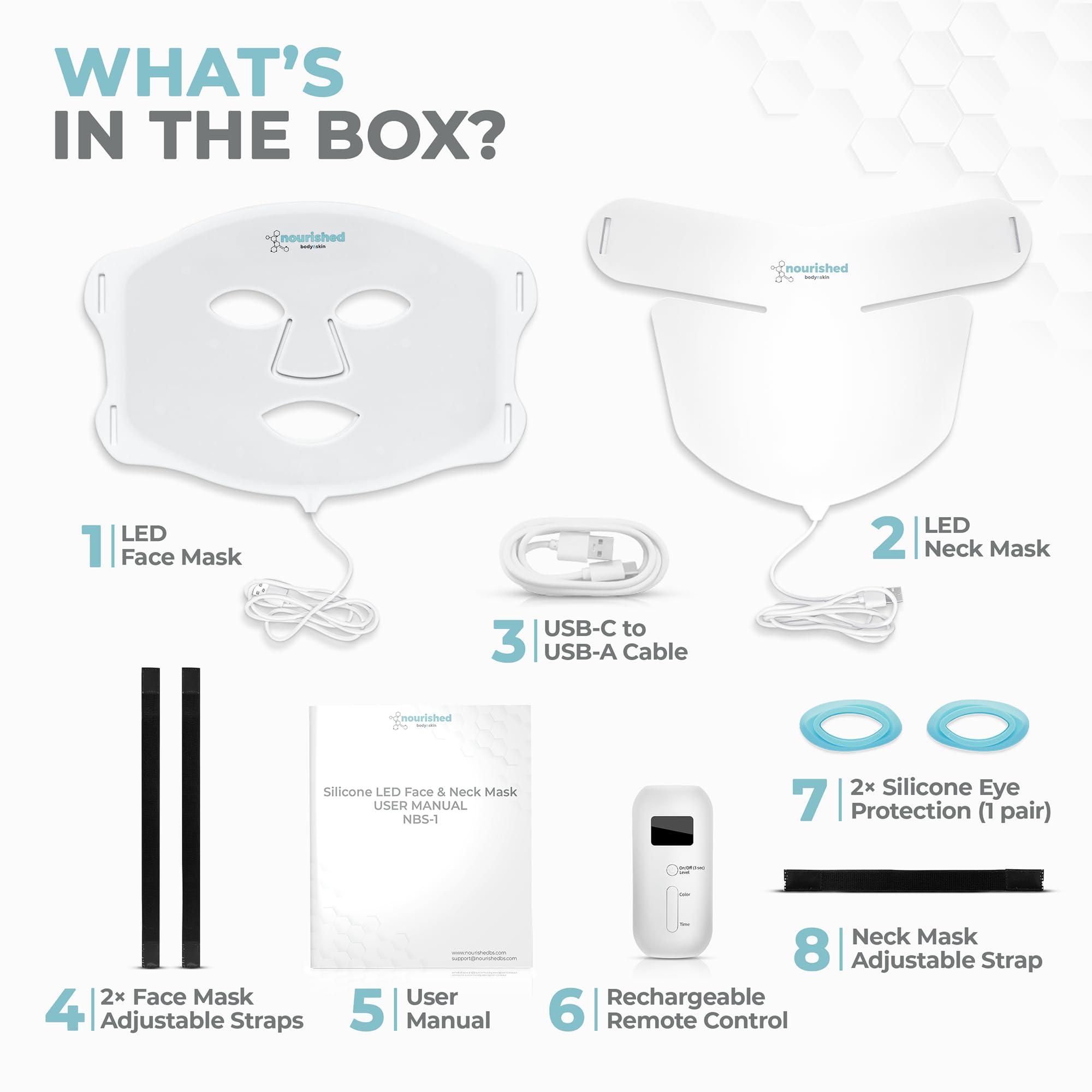 Nourished Bodynskin Nourished Bodynskin LED Light Therapy Face & Neck Mask - Facial Skin Care Device - 7 Colors Red & Blue - Rejuvenation, Anti-aging Product for Wrinkles