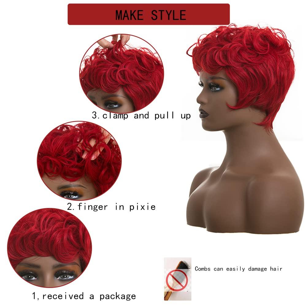 BingSing Red Pixie Wig for Women Natural Wavy Hair Pixie Cut Wigs with Bangs Red Pixie Wig Burgundy Short Red Pixie Wig Short Curly Red Wig for Black Women Synthetic Hair Pixie Cut Wig for Black Women (Red)
