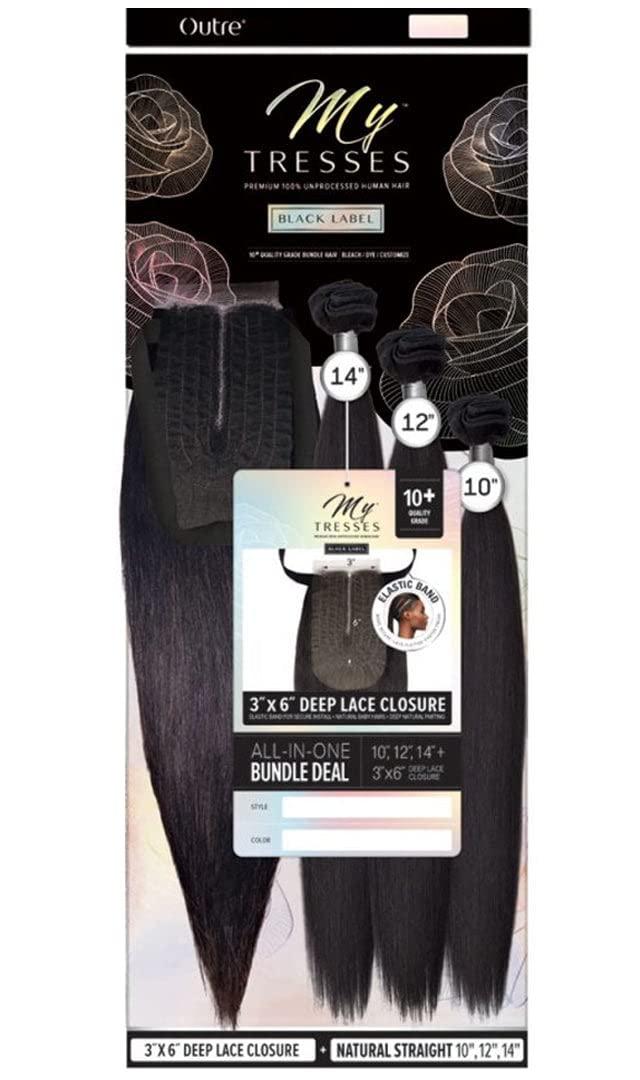 Outre Outre My Tresses Black Label Natural Straight Style Unprocessed Human Hair Weaves - NATURAL STRAIGHT WITH 3X6 LACE CLOSURE 18-20-22 (NBLK)