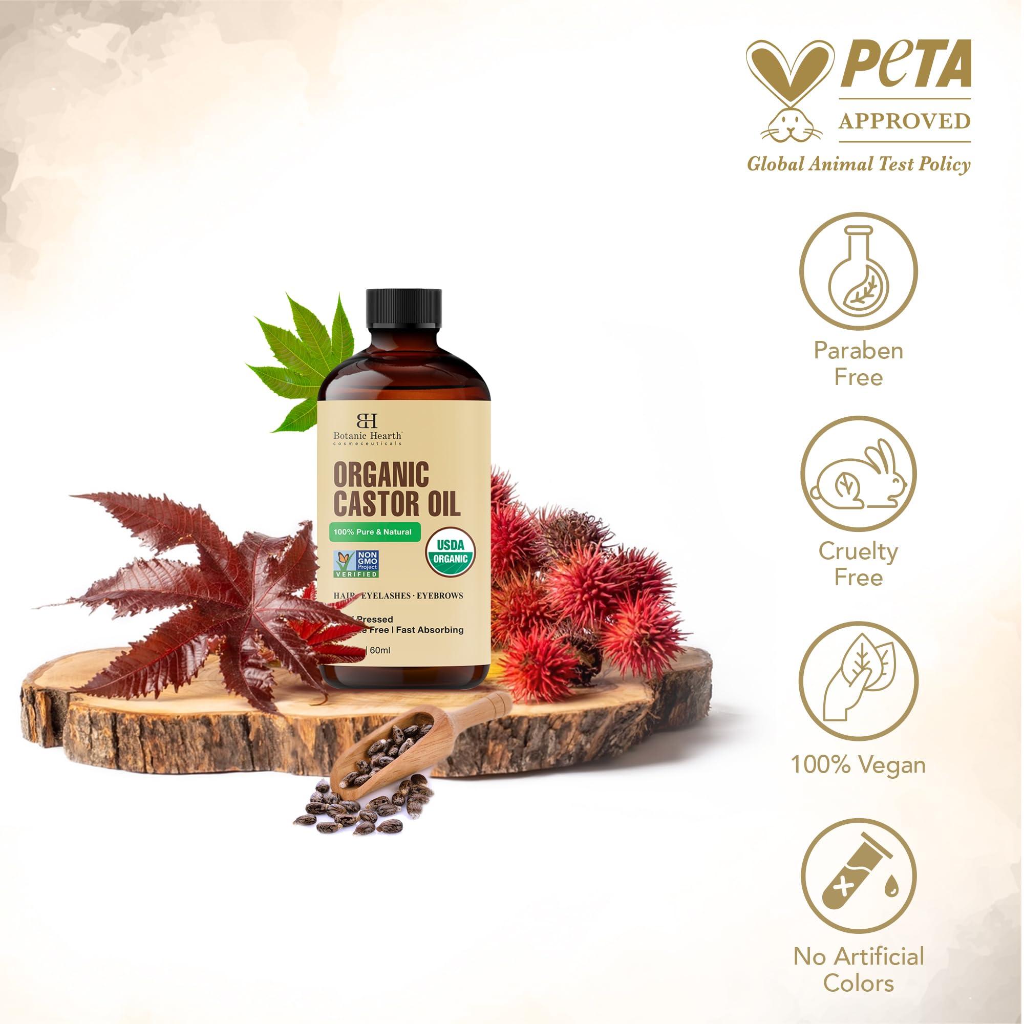 Botanic Hearth Botanic Hearth Castor Oil (2 fl oz) | USDA Certified Organic | 100% Pure & Hexane Free | Cold Pressed |Promotes Growth for Eyelashes, Eyebrows & Hair | Includes Eyebrow & Eyelash Brush