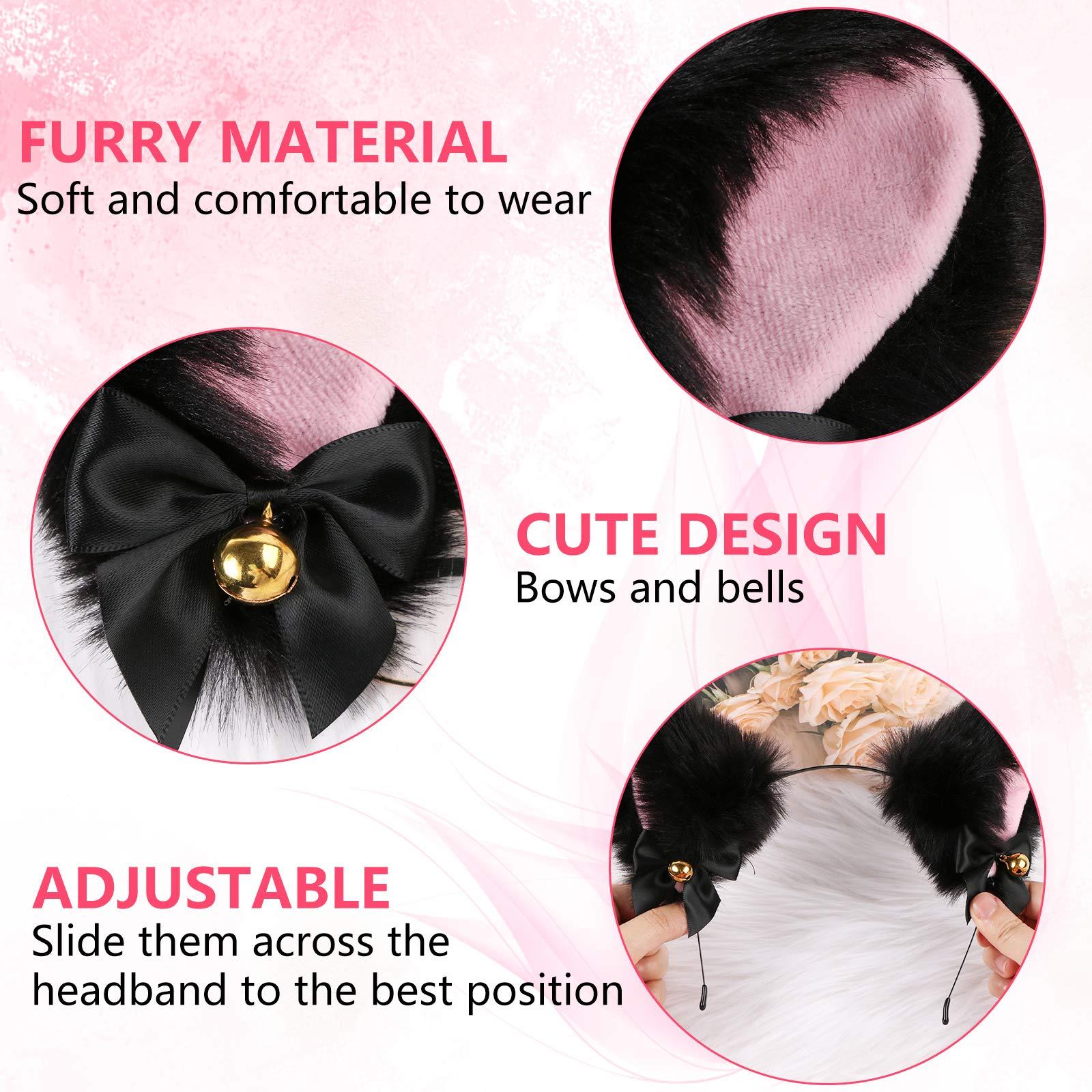 EVERMARKET EVERMARKET Cat Ears, Faux Furry Headband with Bells, Anime Fox Cat Ears Cosplay Accessories, Hairband for Halloween Costume Party Fancy Dress, One Size, Black-Inner Pink