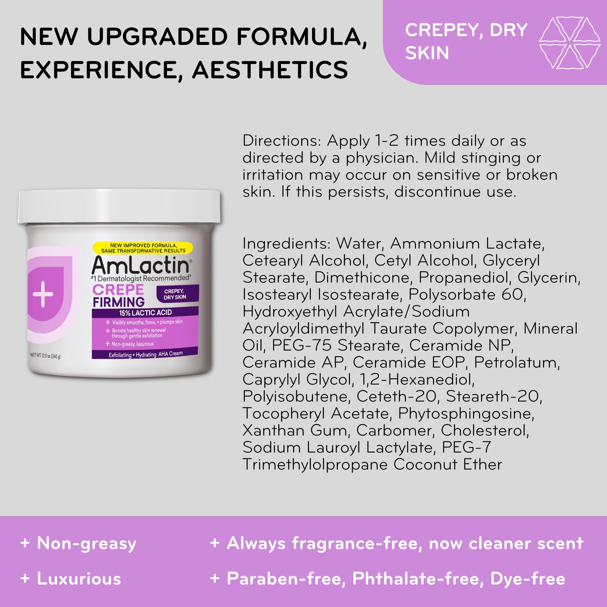 AmLactin AmLactin Crepe Firming Cream - 12 oz Body Cream with 15% Lactic Acid - Exfoliator and Moisturizer for Crepey, Dry Skin