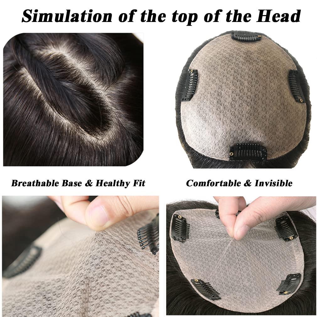 EREE HAIR EREE HAIR 4.7x5.1 Silk Base Remy Hair Topper Top Hairpiece for Thinning Hair,Seamless Straight Human Hair Topper Hair Piece Women Toupee Clip in Topper Hair Pieces 14\" Natural Black