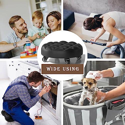 CRENEWY CRENEWY Low Roller Seat Short Stools with Wheel,360 Degree Rotating,PU Leather Low Rolling Stool Chair,Circulart Stool for Home, Office,Daily Party, Spa, Pedicure,Fitness Garage Shop(Black)