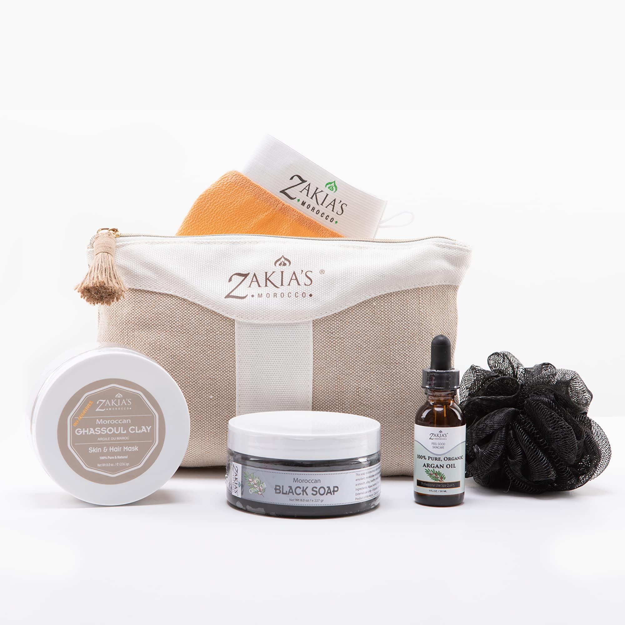 Zakia's Morocco Moroccan Hammam Spa Rejuvinating Ritual Beauty Skincare Kit - 6 piece, Moroccan Black Soap, Body Clay, Argan Oil, Pure & Natural, Purifying, Cleansing, exfoliating for every skin type. Original