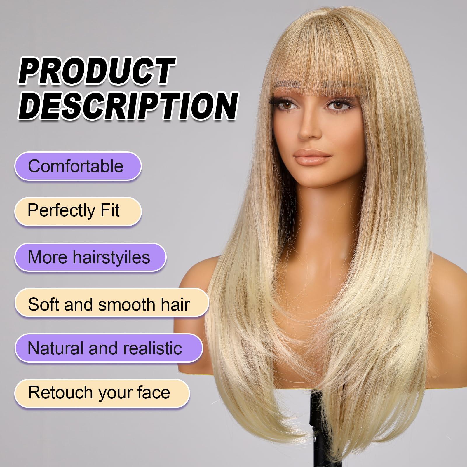 KOME KOME Blonde Highlight Long Layered Wig with Bangs,Straight Hair Wigs for Women,Synthetic Heat Resistant Natural Looking Hair Wig for Party Cosplay Dality Use