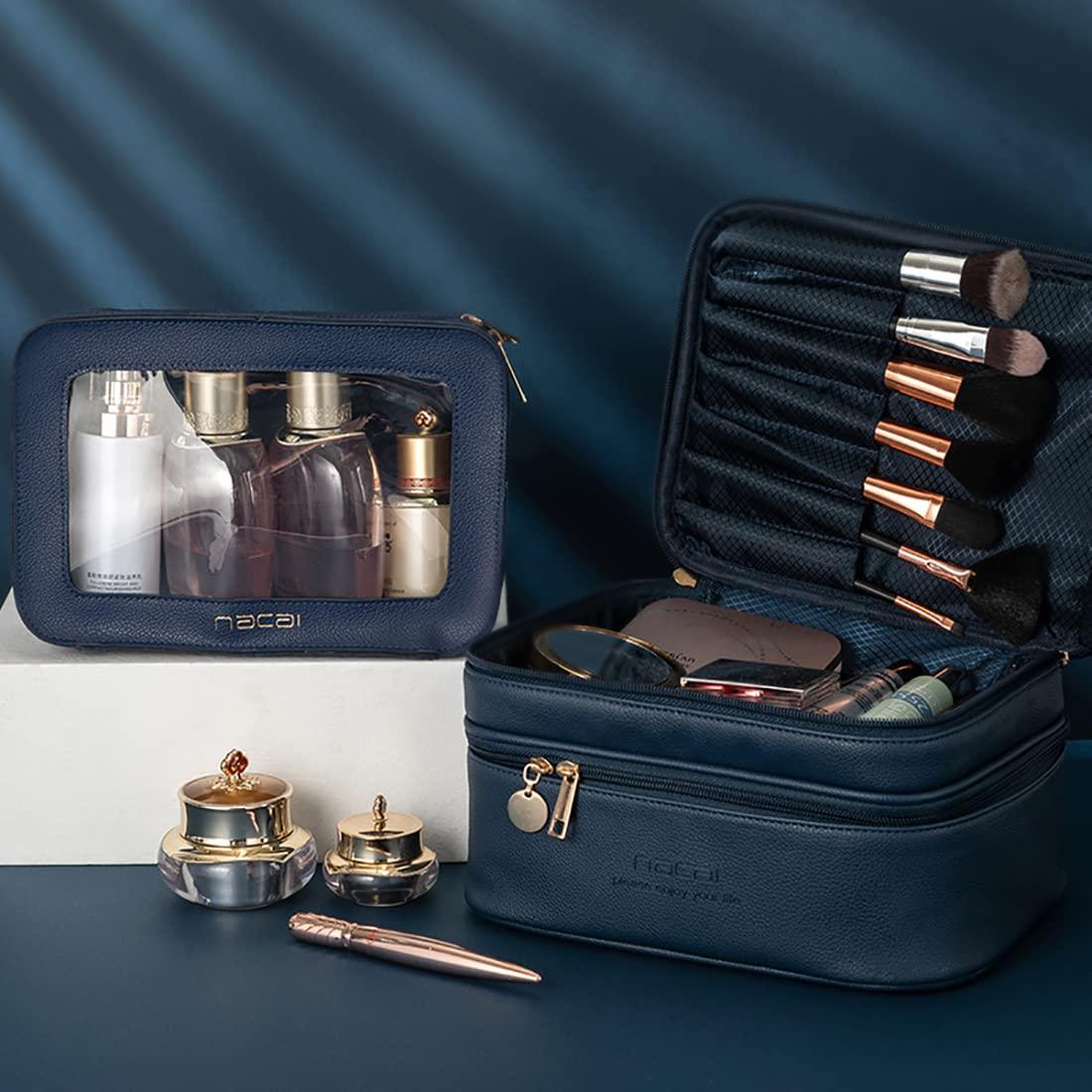 Fupeiwens Double Zip Cosmetic Train Case in Waterproof Design with Separate Brush Compartment,Travelling Double Layer Make Up Bag Organizer,Reusable Toiletry Bags,Brown