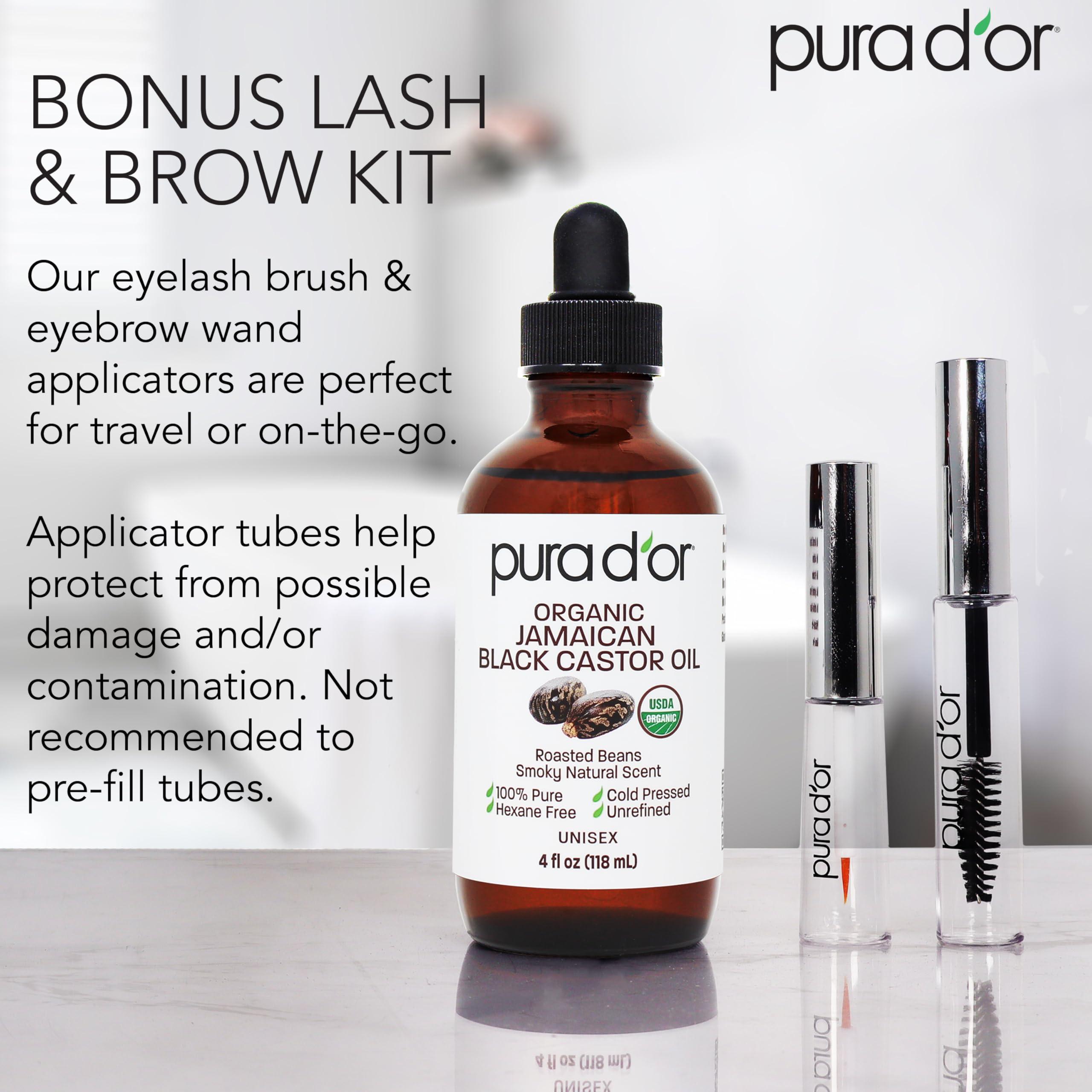 PURA D\'OR PURA D\'OR 4 Oz ORGANIC Jamaican Black Castor Oil - Natural Smoky Scent - w/ 2 BONUS Empty Brushes - 100% Pure USDA Certified Cold Pressed & Roasted, Hexane Free Eyelash & Eyebrow Serum