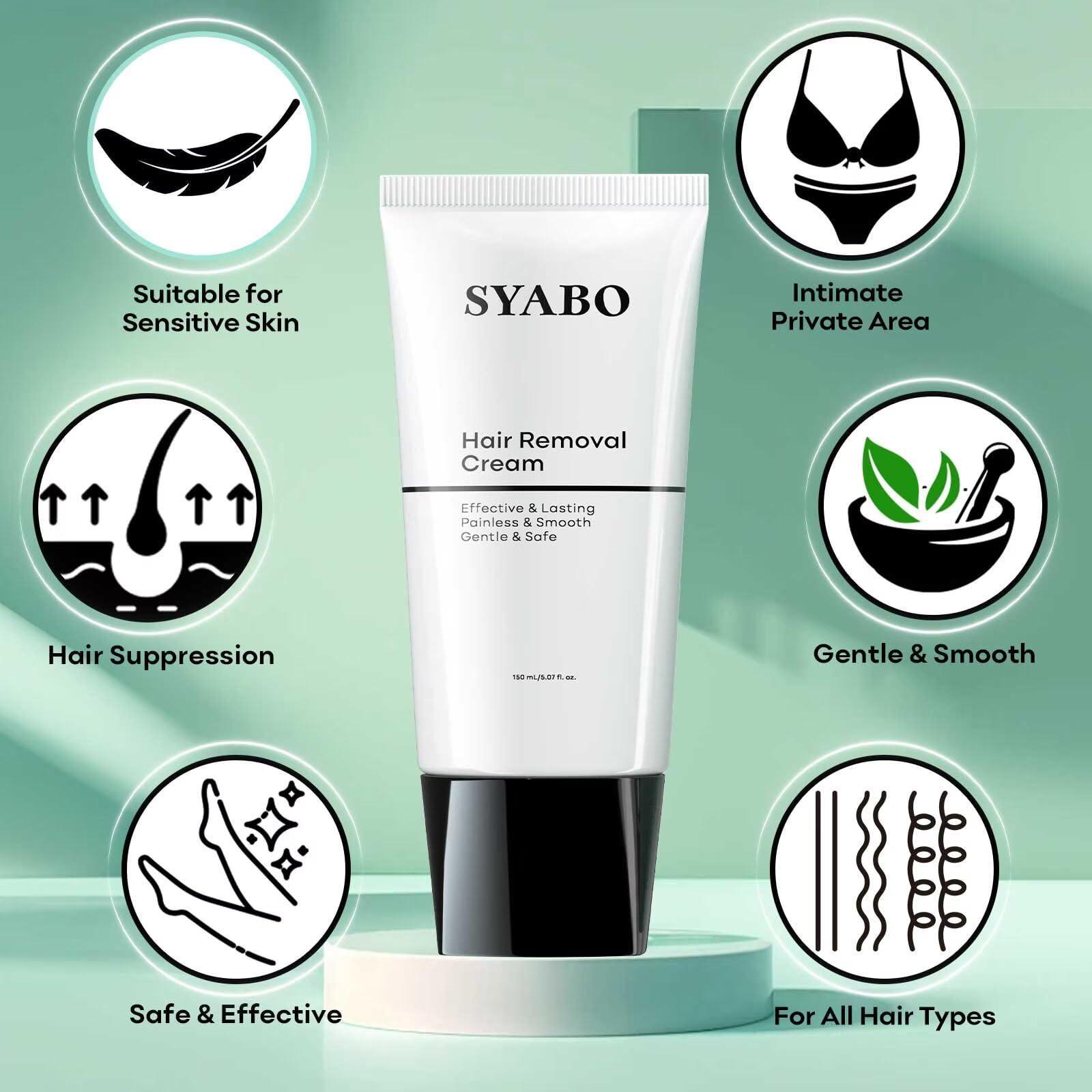 SYABO Sensitive Skin Hair Removal Cream - Painless Bikini Hair Removal for Women Men, Sensitive Formula Depilatory Cream for Pubic, Bikini Line, Legs, Arms, Underarms, Unwanted Coarse Hair, 5FL OZ