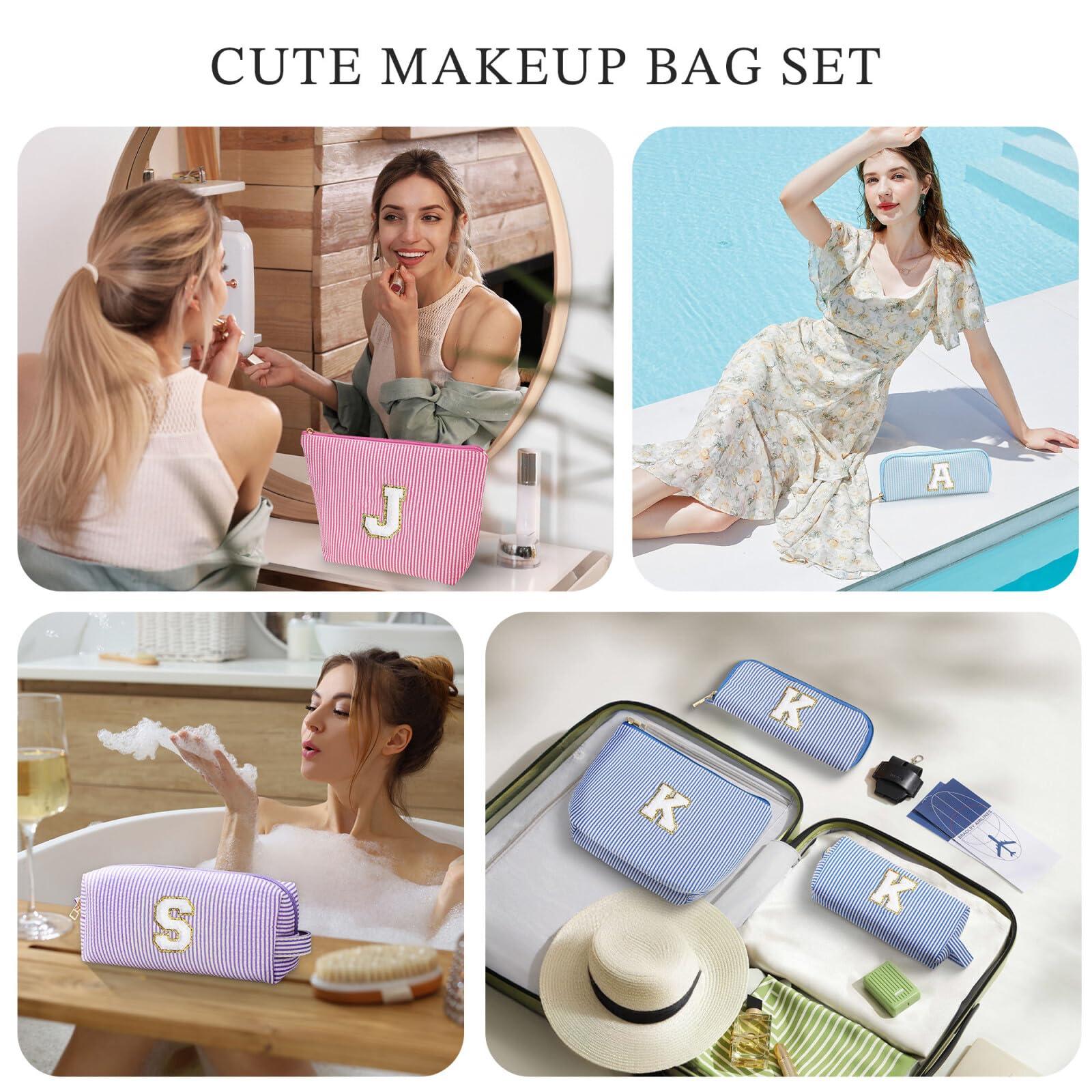 YOOLIFE YOOLIFE Preppy Stuff Tween Girls Gifts 2 Pieces Monogram Makeup Pouch Makeup Organizer Bag Beauty Bag Personalized Friend Sister Wife Wedding Bride Birthday Gifts for Women Her Preppy Makeup Bag S