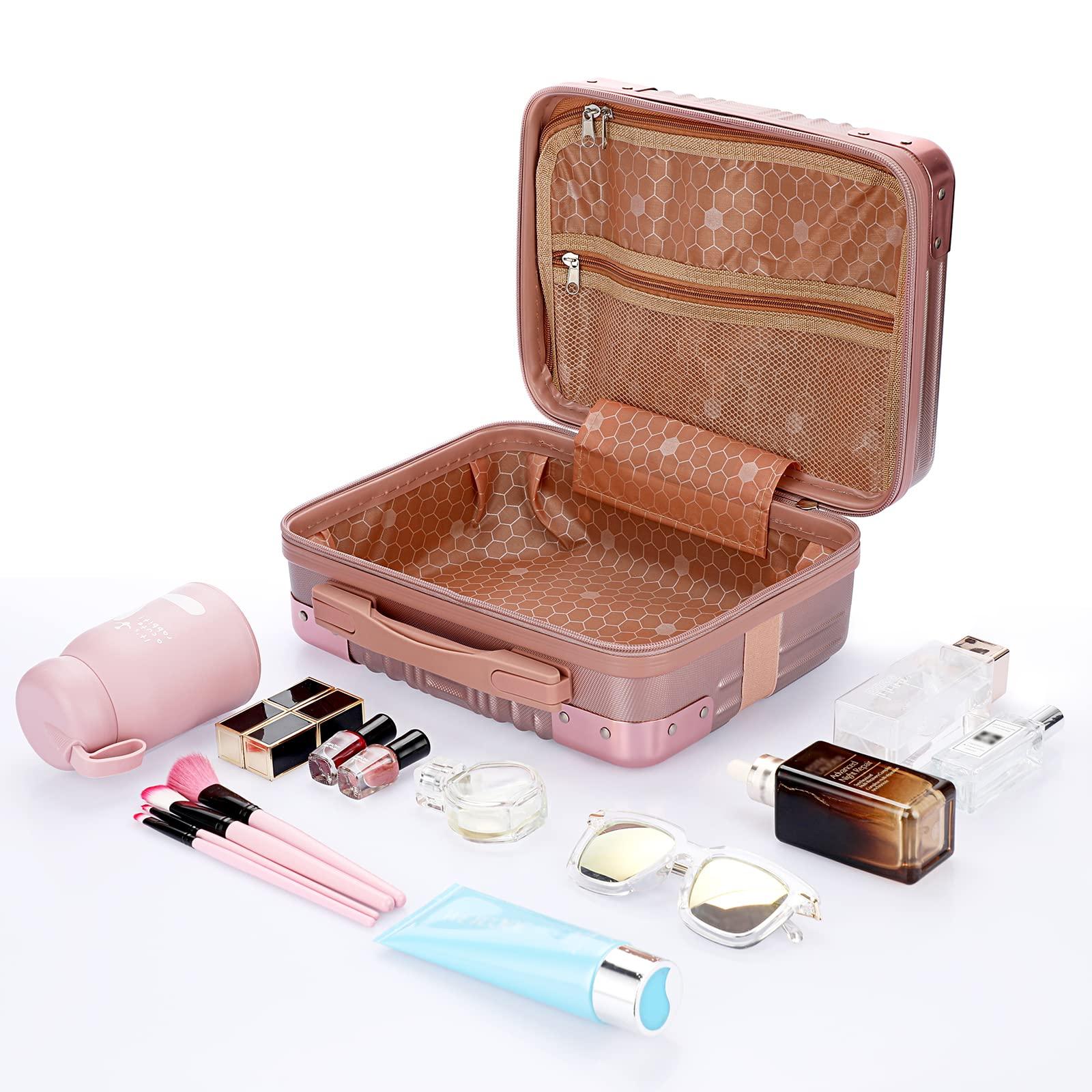 BSTKEY BSTKEY Portable Hard Shell Cosmetic Travel Case, Small Travel Hand Luggage with Elastic Band, Mini ABS Carrying Makeup Case Suitcase, Rose Gold