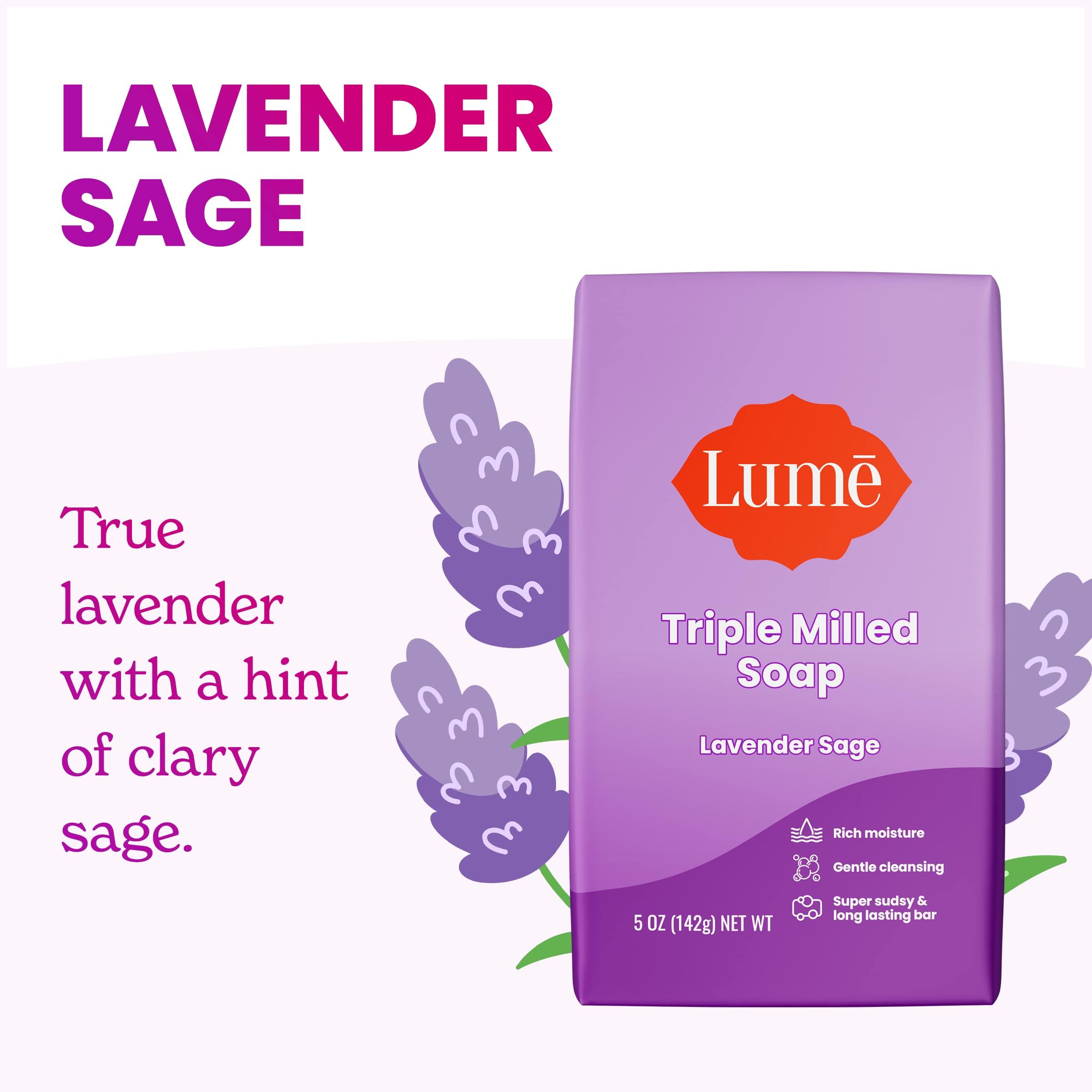 Lume Lume Triple Milled Soap - Rich Moisture & Gentle Cleansing - Paraben Free, Phthalate Free, Skin Safe - 5 ounce (Lavender Sage)