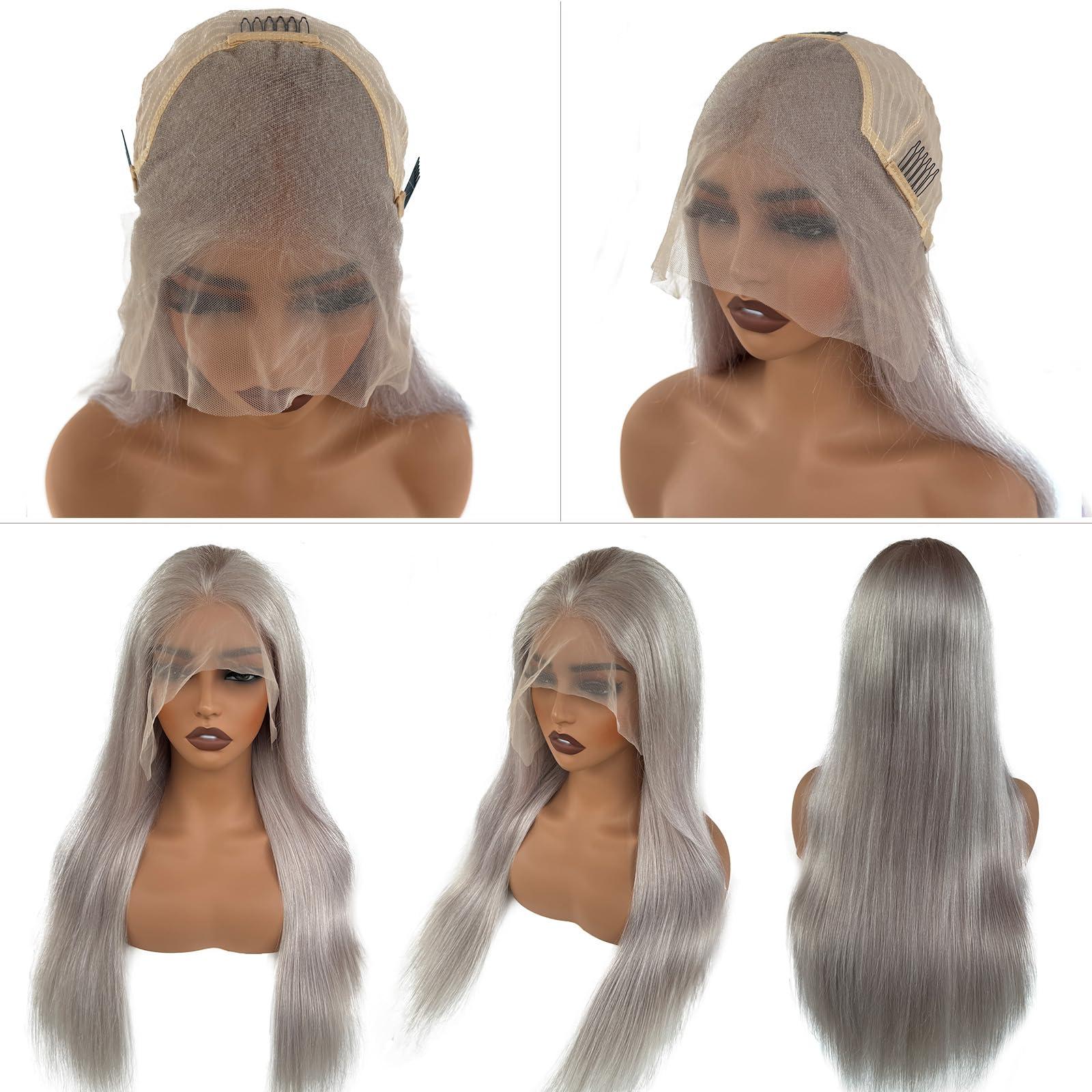 Smavida Grey Lace Front Wigs Human Hair Grey Silver Human Hair Wigs Straight 150 Density Pre Plucked with Baby Hair 134 HD Transparent Silver Lace Frontal Wig Glueless Lace Front Wigs for Women