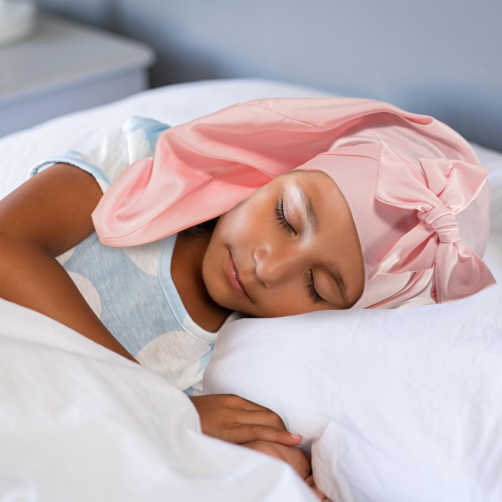 Lolalet Lolalet Kids Bonnets for Girls, Long Silk Bonnet for Sleeping Kids Satin Bonnet Cap with Tie Band for Dreadlocks Braid Afro Curly Hair -2 PCS, Green & Pink