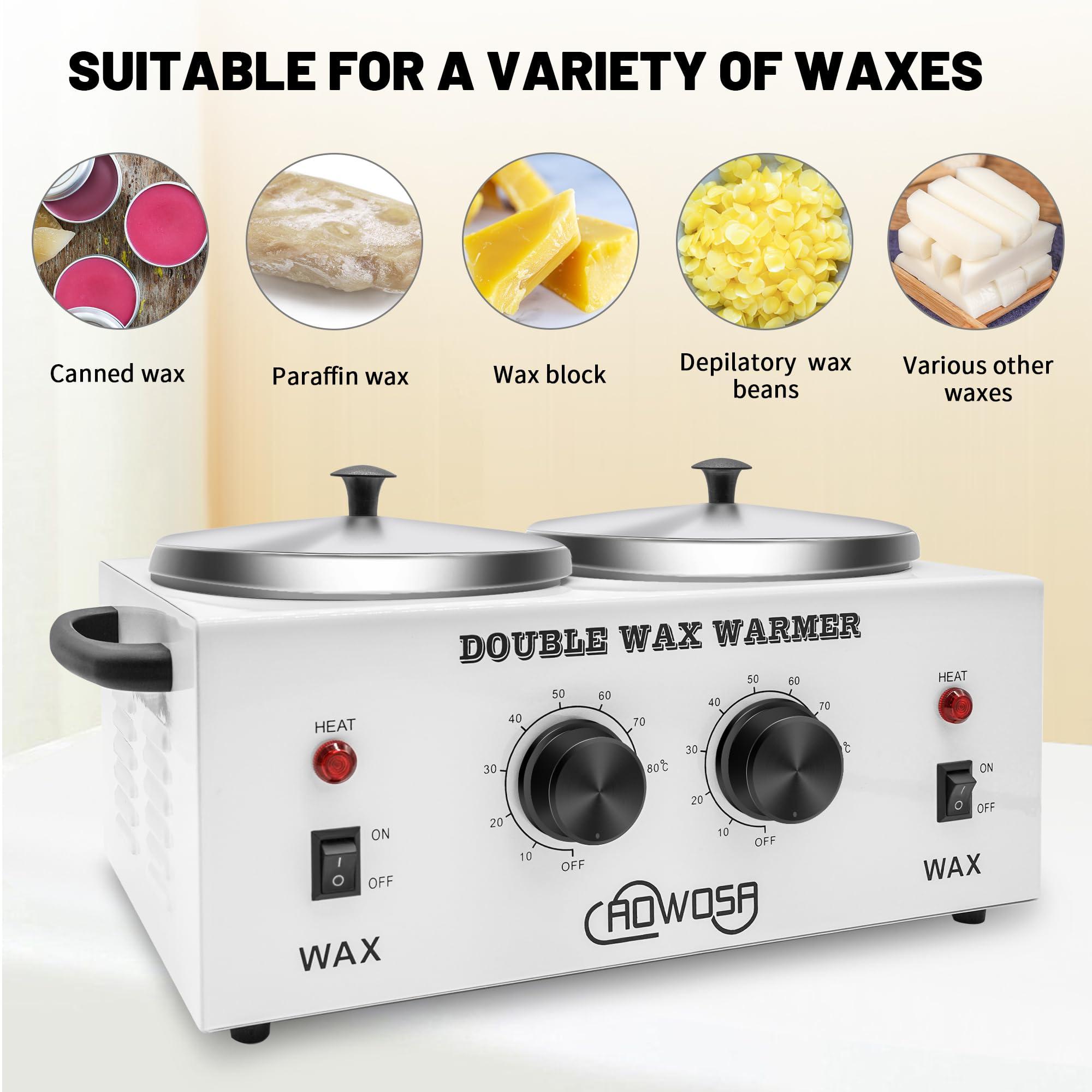 AOWOSA Double Professional Electric Wax Warmer with Dual Pots for Hair Removal, Paraffin Facial, Skin, and Body Spa - Adjustable Temperature, Includes 100 Wax Sticks