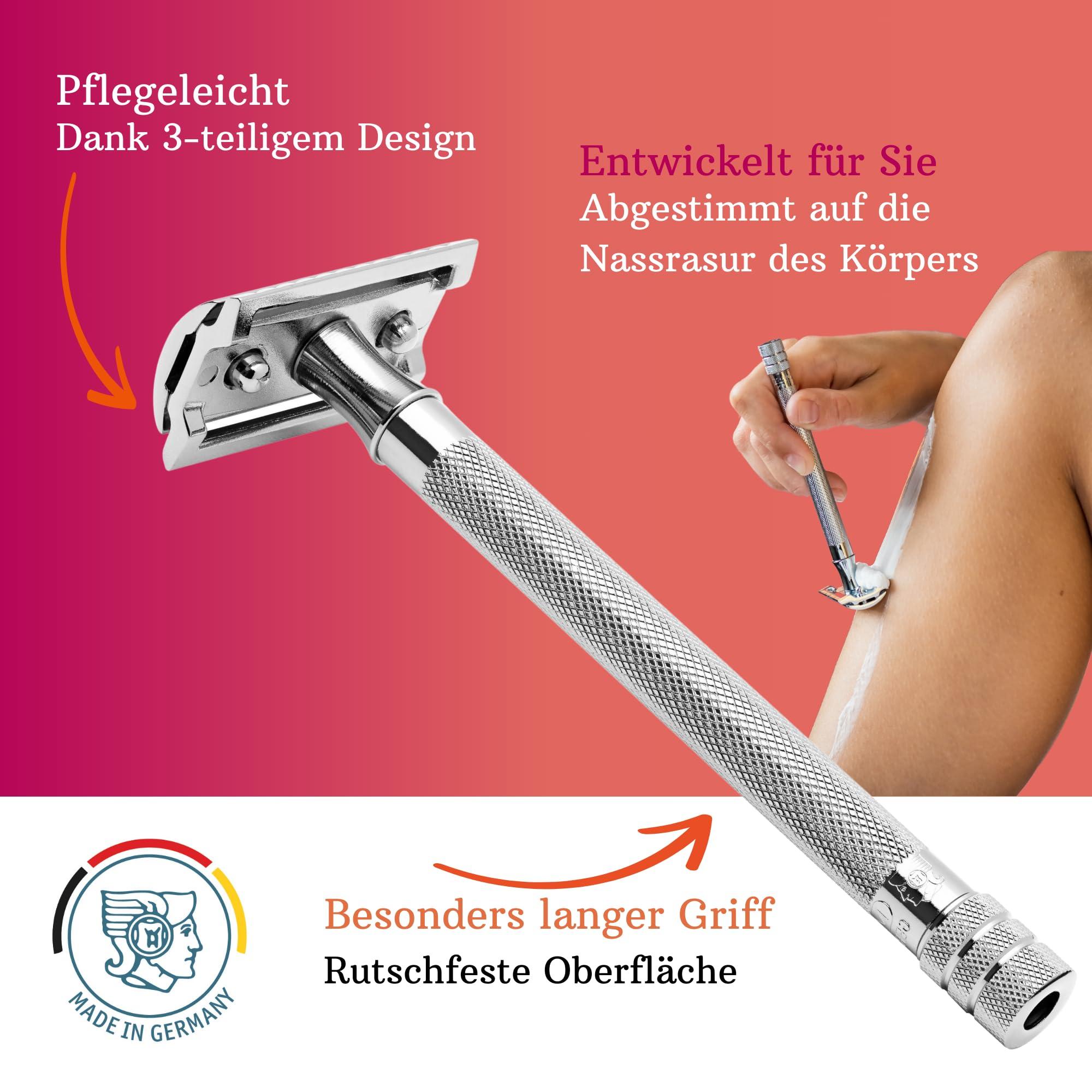 MERKUR MERKUR 24C Safety Razor For Women with 10 Double Edge Blades | Extra Long Handle | Three-piece Razor | Straight Cut | Bright Chrome Finish | Made in Germany