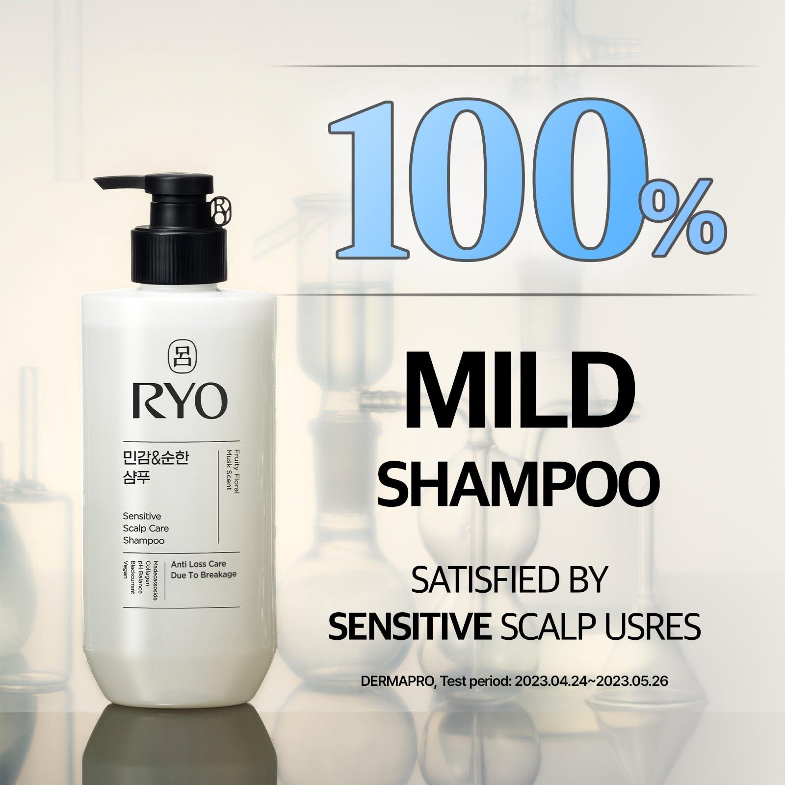 Ryo RYO Sensitive Scalp Care Shampoo with Korean Ginseng & Caffeine - Soothing and Relief for All Hair Type, Anti Loss Care, Dermatologist Tested, 16 Fl Oz.
