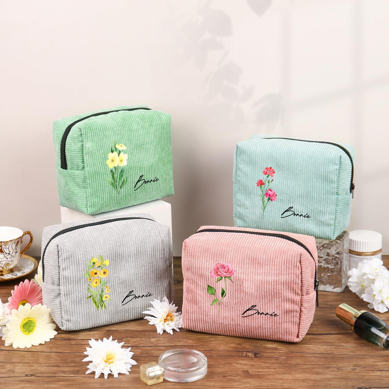 Edgahisme Edgahisme Custom Name Makeup Bags for Women Personalized Travel Cosmetic Bag with Birth Flower Portable Make Up Bags Customized Gifts for Women Mother Sister (Pink)