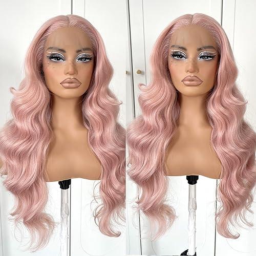 MITIMES MITIMES Pink Wigs Glueless HD Lace Front Wigs Pre Plucked Synthetic Body Wave Wear And Go Lace Front Wig For Cosplay Party Light Pink Wig With Natural Hairline For Fashion Women