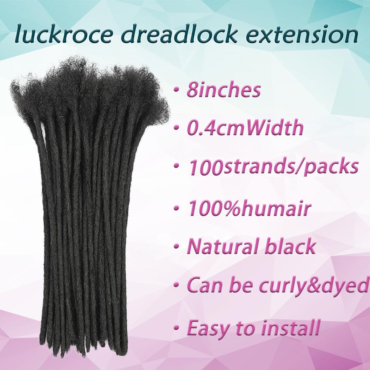 Luckroce Loc Extension Human Hair Locs 0.4cm Dreadlock Extension Natural Black Human Hair 8 Inch 100 Strands Locs Human Hair Full Handmade Permanent Locs Can Be Dyed and Bleached for Women Men