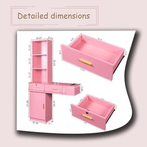 Shuoya Jewelry Salon Stations, Barber Stations Vanity Desk with Open Storage Shelf and Drawers, Hair Styling Equipement Set for Hair Stylist Bedroom Make Up Room Girls Women (Pink)