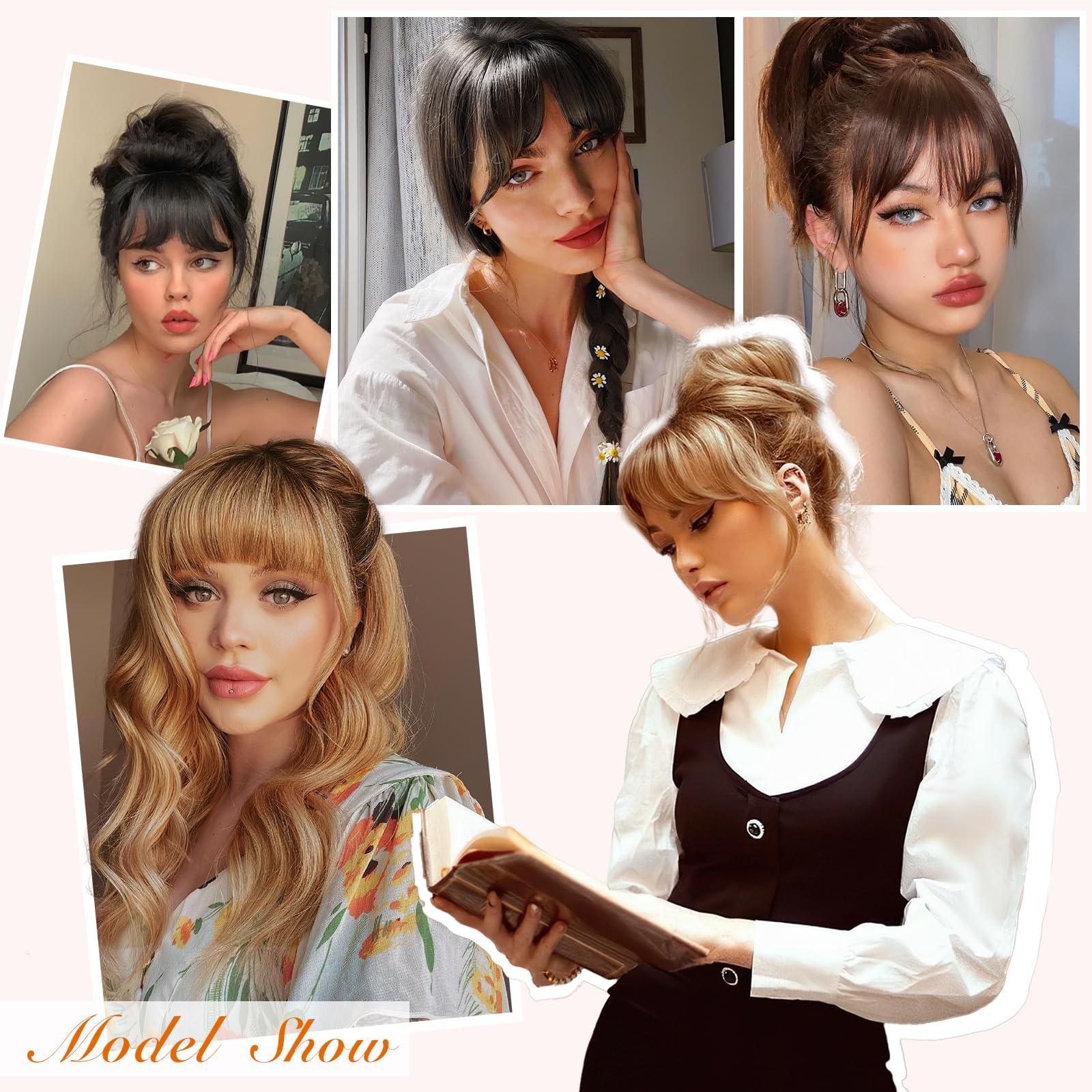 QGZ QGZ Clip in Bangs-Fake Bangs Hair Clip Fringe with Temples Hairpieces 100% Real Human Hair Extensions Curved Clip On Bangs for Women(Dark Auburn Brown Air Bangs)