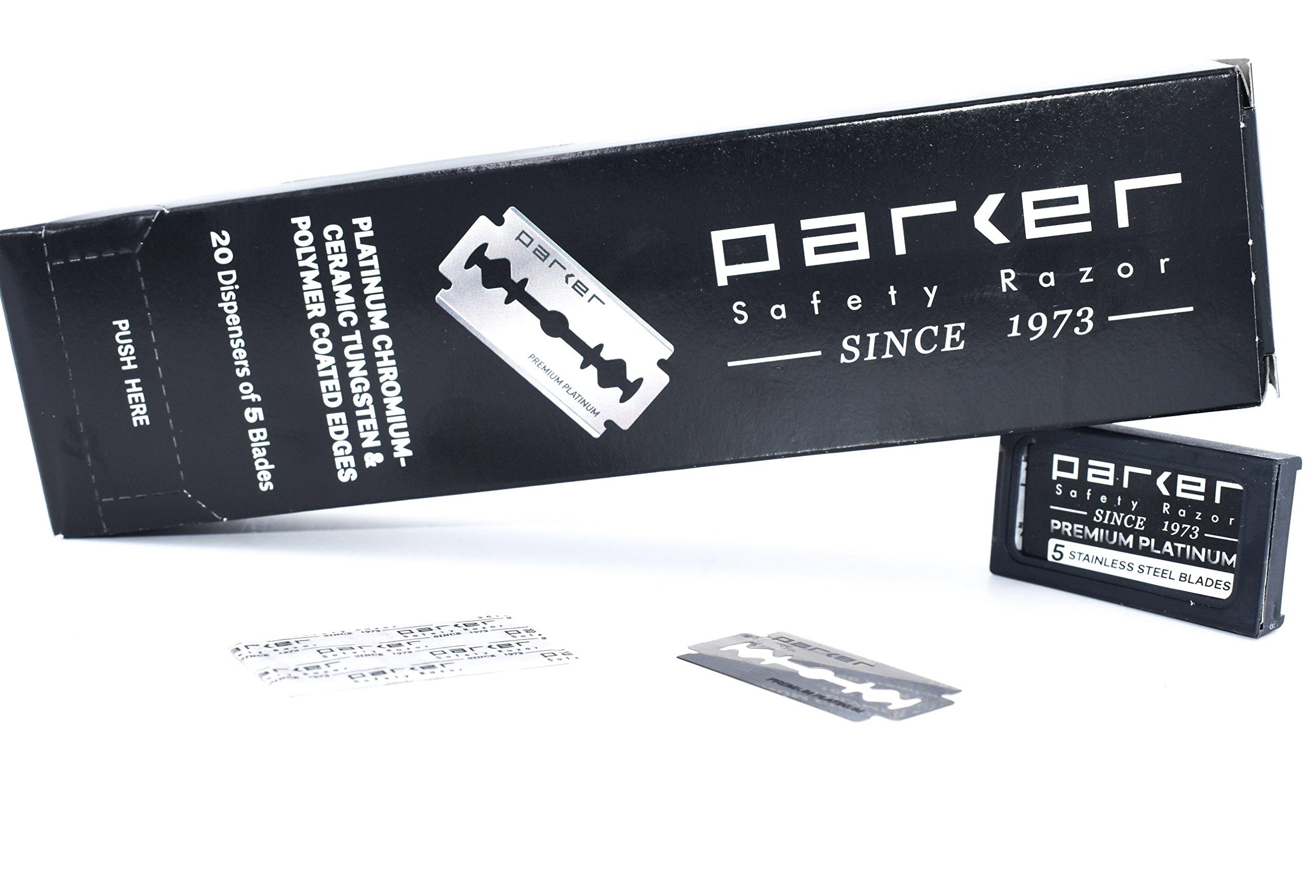 Parker Safety Razor Parker 100 Count, Parker Double Edge Safety Razor Blades, Premium Platinum Stainless Steel Razor Blades with PTFE, Tungsten and Chromium Coated Edges for Smooth, and Comfortable Shaves